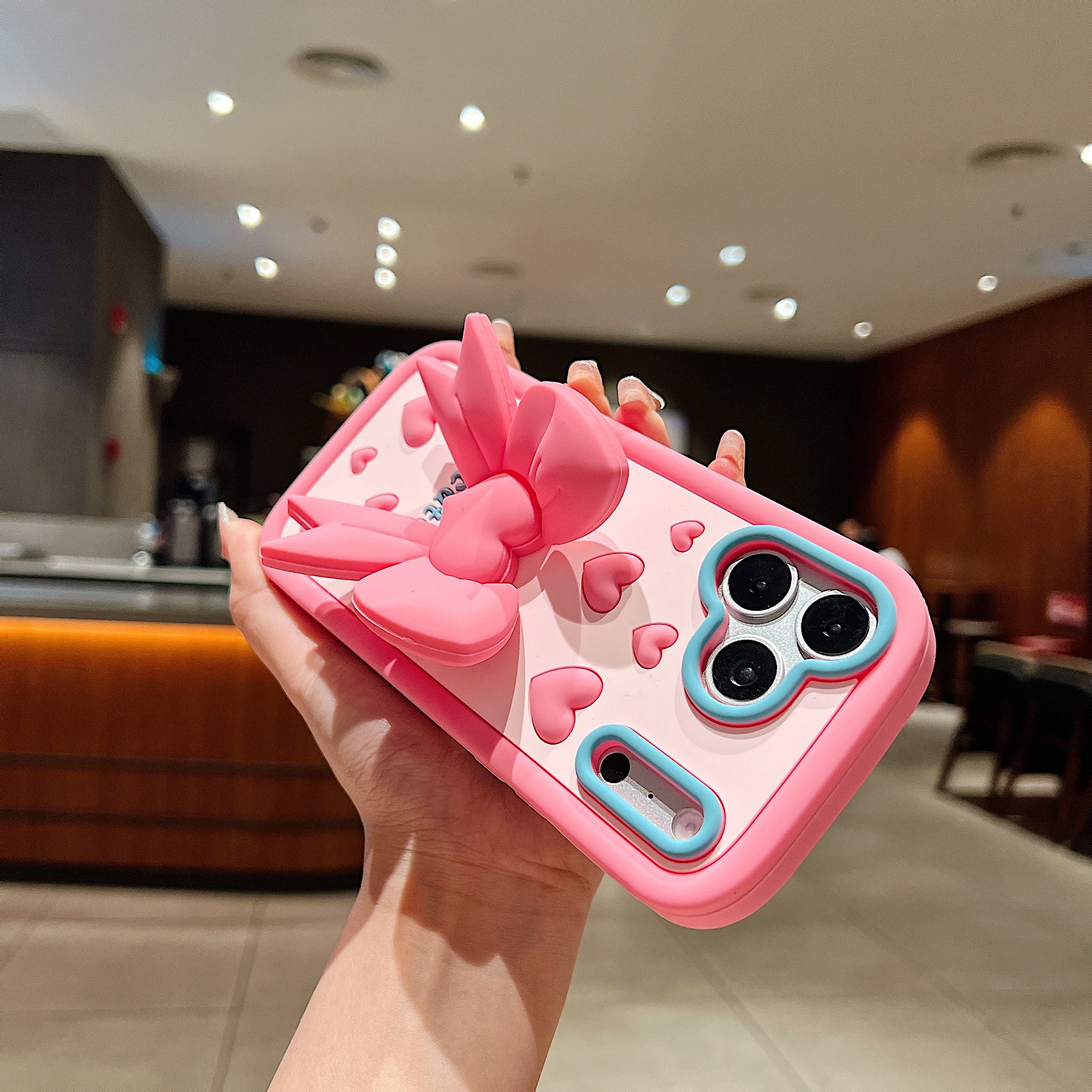 Pink Heart With Bow Stand Silicon Phone Cases For iPhone