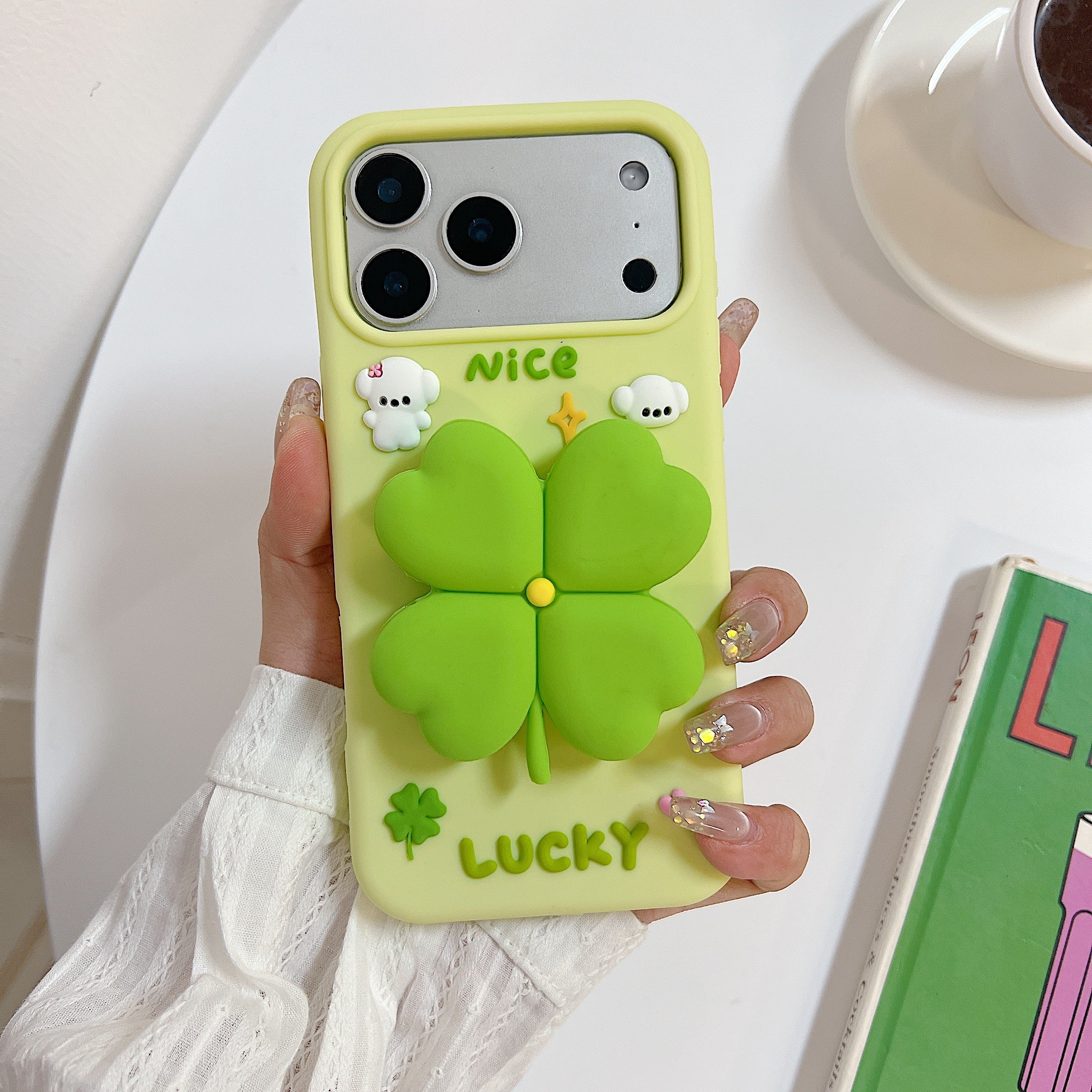 3D Green Clover 'Lucky & Nice' Cute Cartoon Design Silicone Phone Case