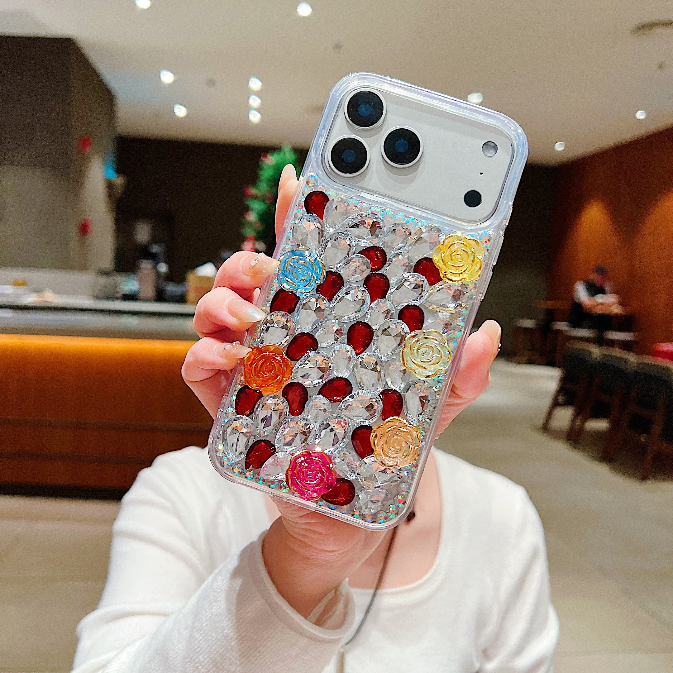 Rainbow Rose Crystal Phone Case – 3D Multicolor Flower & Diamond Gem Case