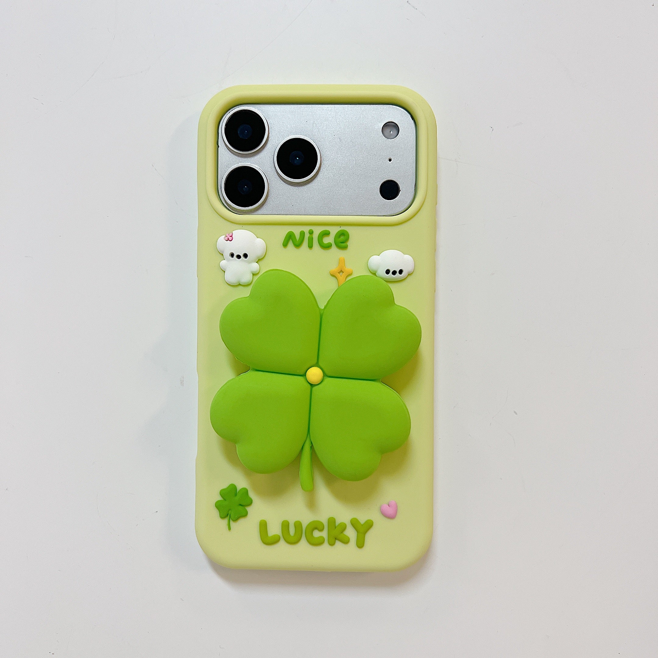 3D Green Clover 'Lucky & Nice' Cute Cartoon Design Silicone Phone Case