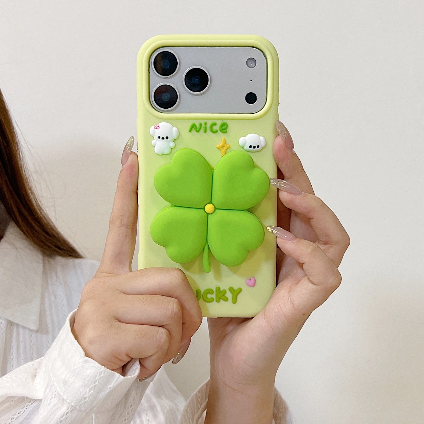 3D Green Clover 'Lucky & Nice' Cute Cartoon Design Silicone Phone Case