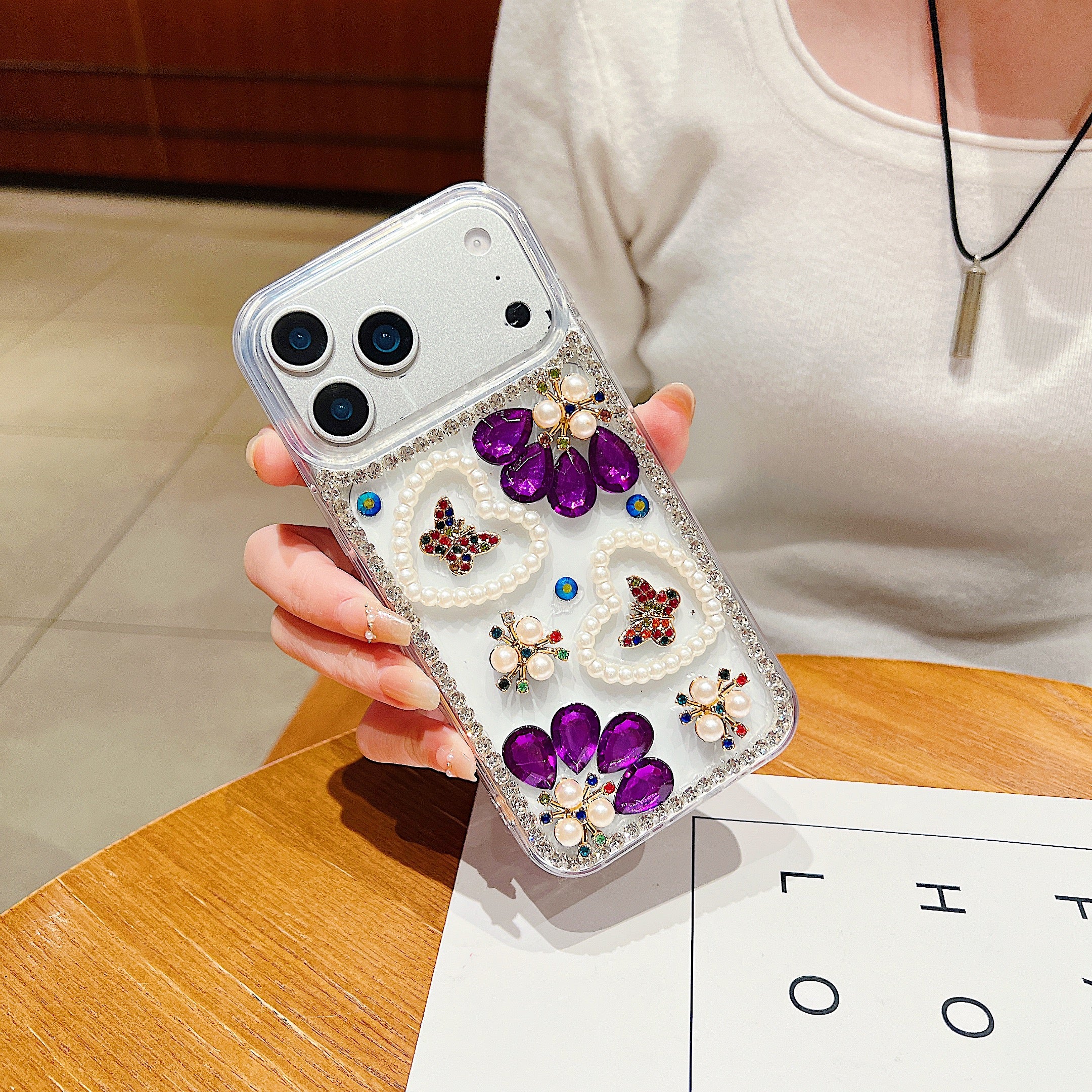 Royal Amethyst Flower Phone Case – Sparkly Diamond & Pearl 3D Floral Design