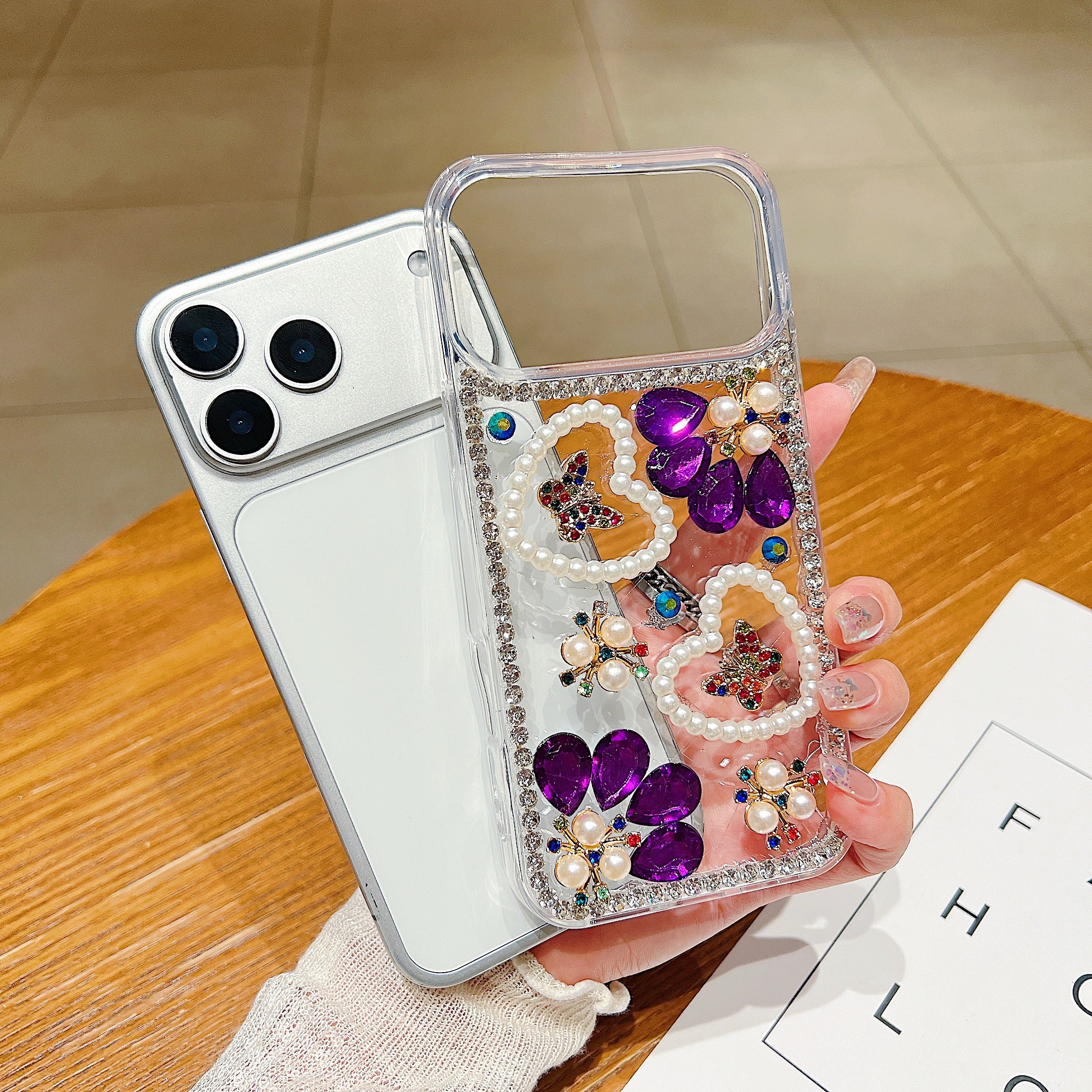 Royal Amethyst Flower Phone Case – Sparkly Diamond & Pearl 3D Floral Design
