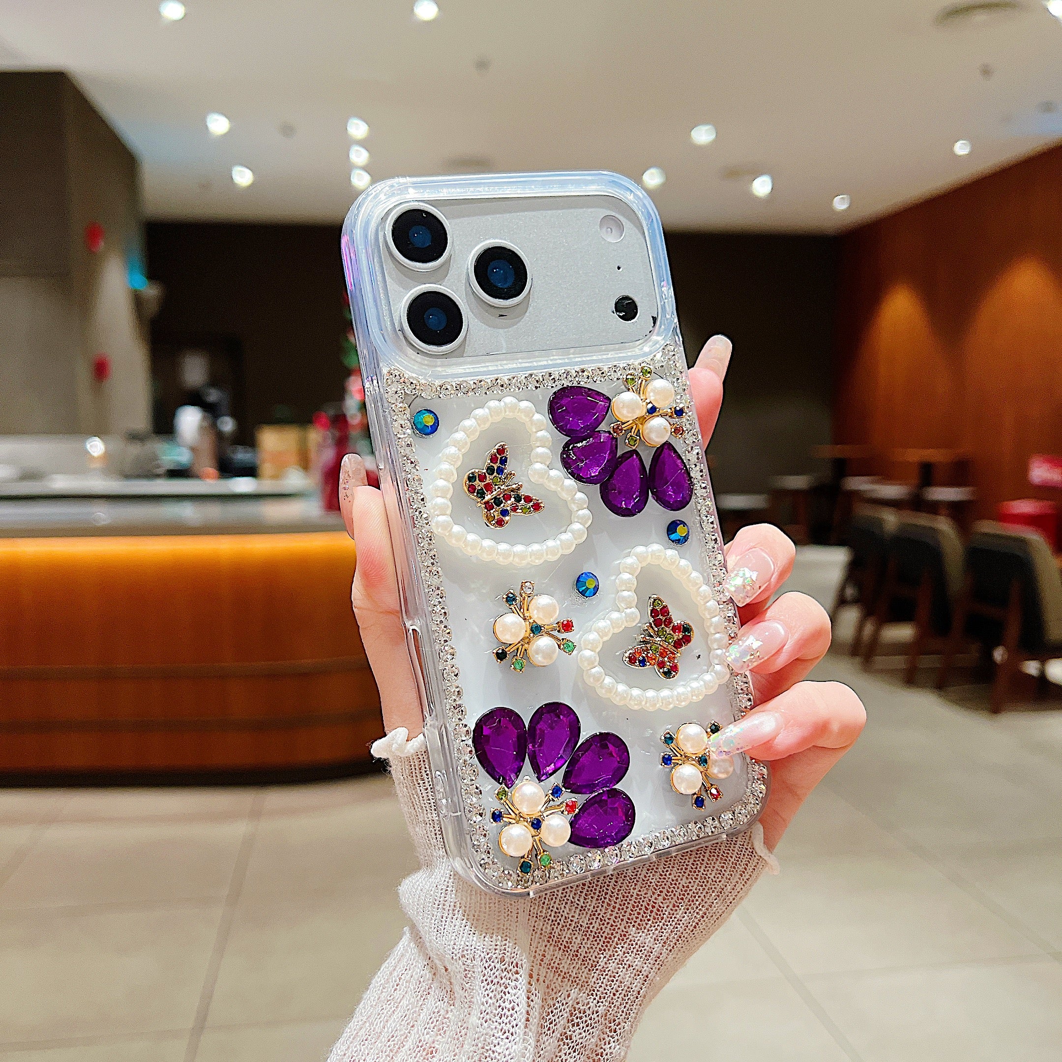 Royal Amethyst Flower Phone Case – Sparkly Diamond & Pearl 3D Floral Design