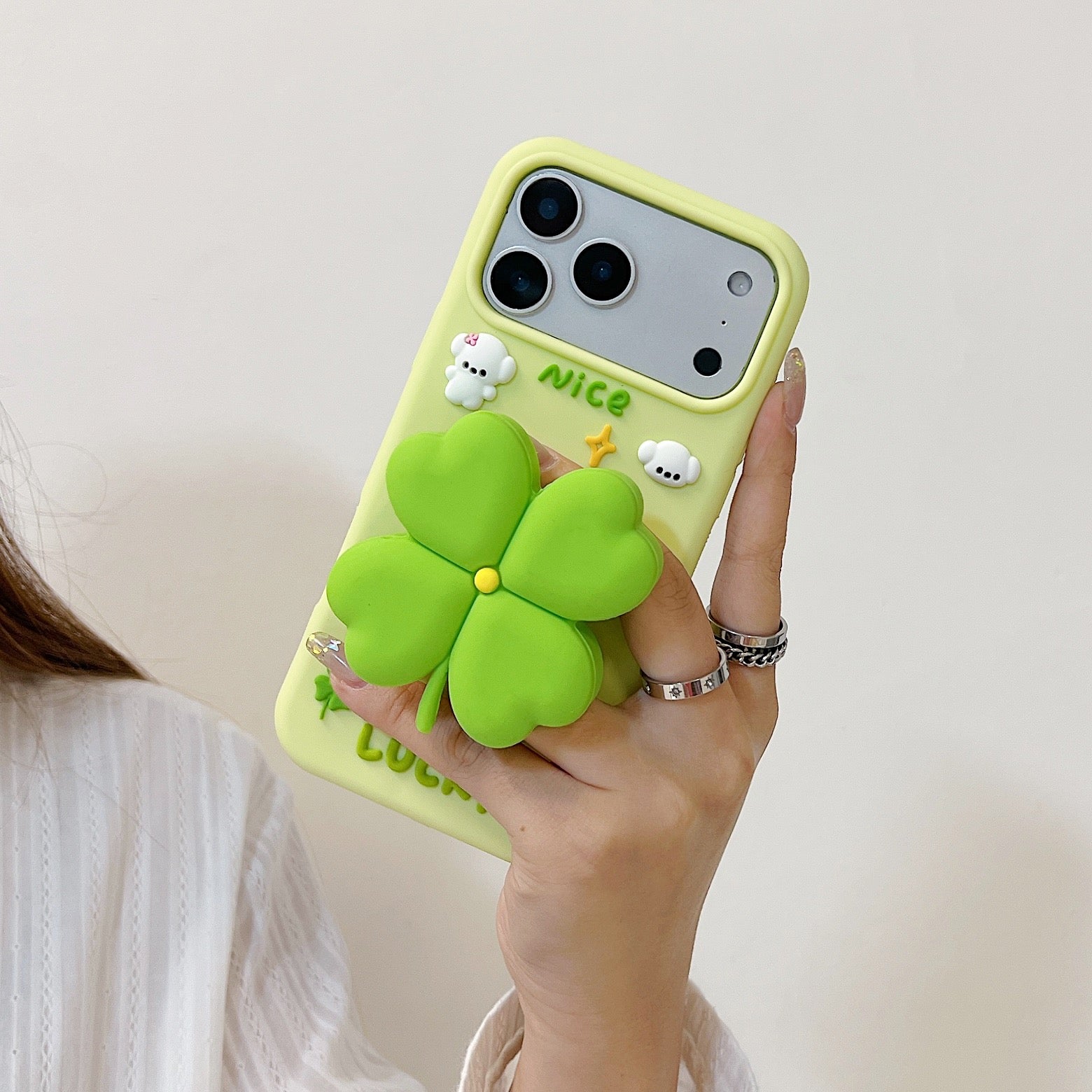 3D Green Clover 'Lucky & Nice' Cute Cartoon Design Silicone Phone Case