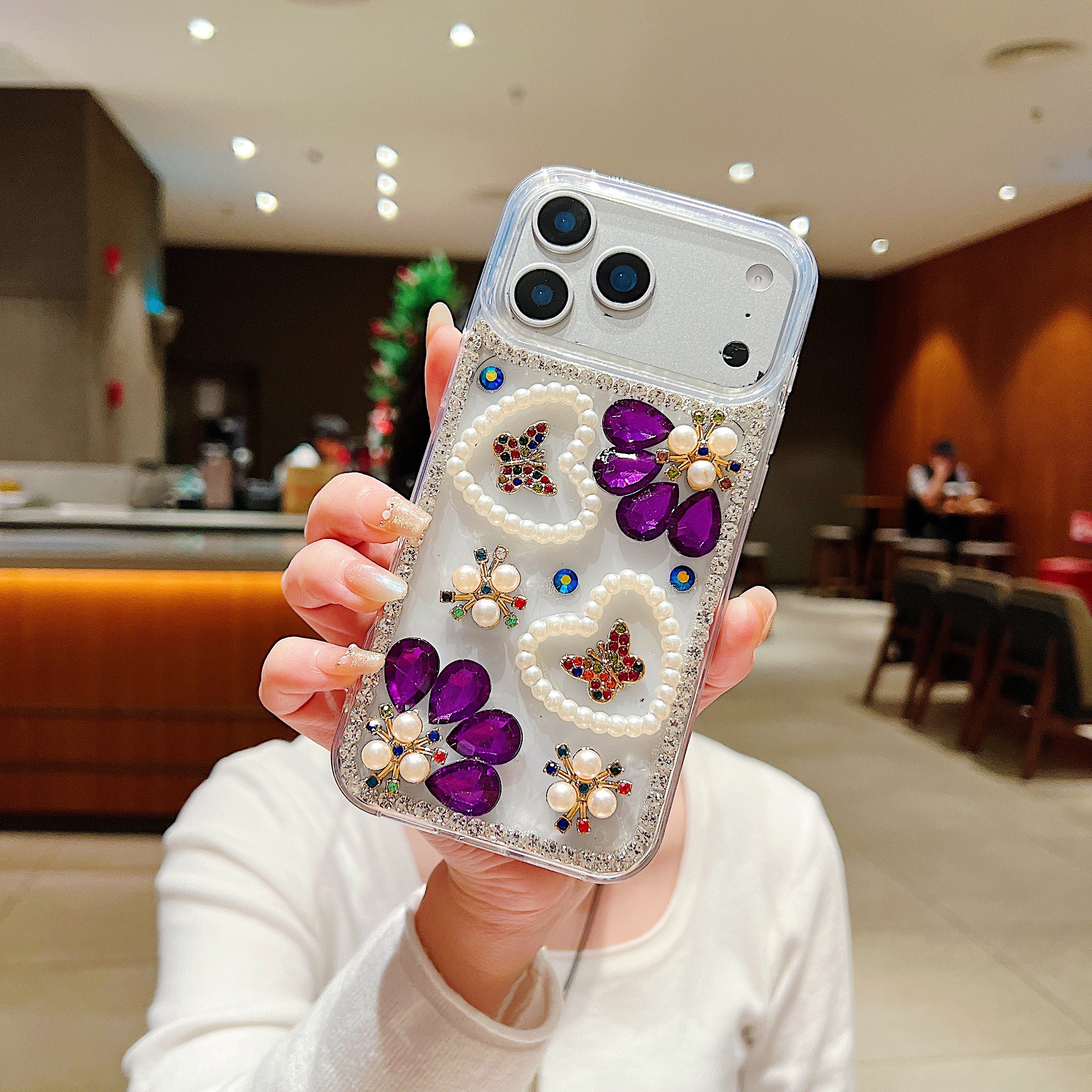 Royal Amethyst Flower Phone Case – Sparkly Diamond & Pearl 3D Floral Design
