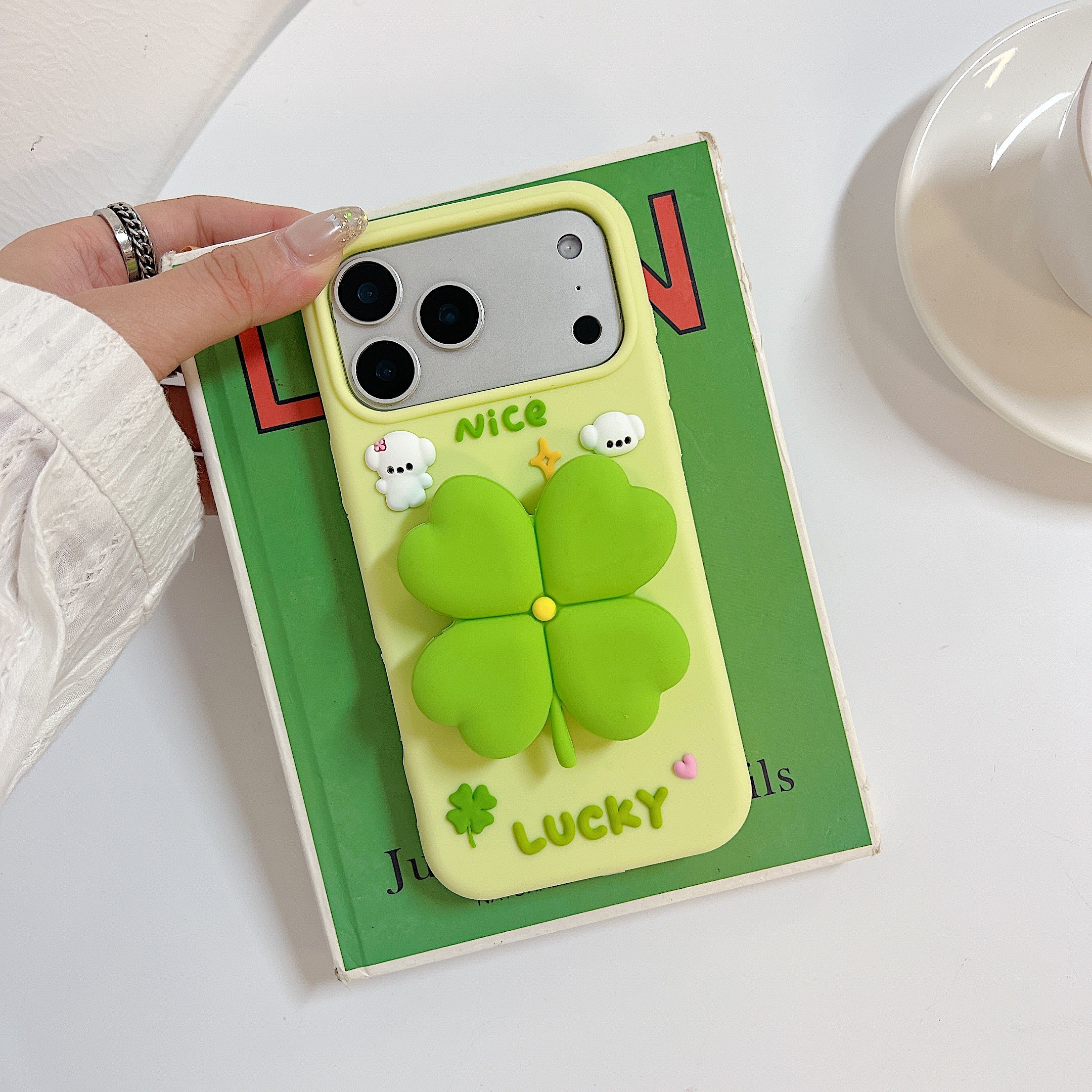 3D Green Clover 'Lucky & Nice' Cute Cartoon Design Silicone Phone Case