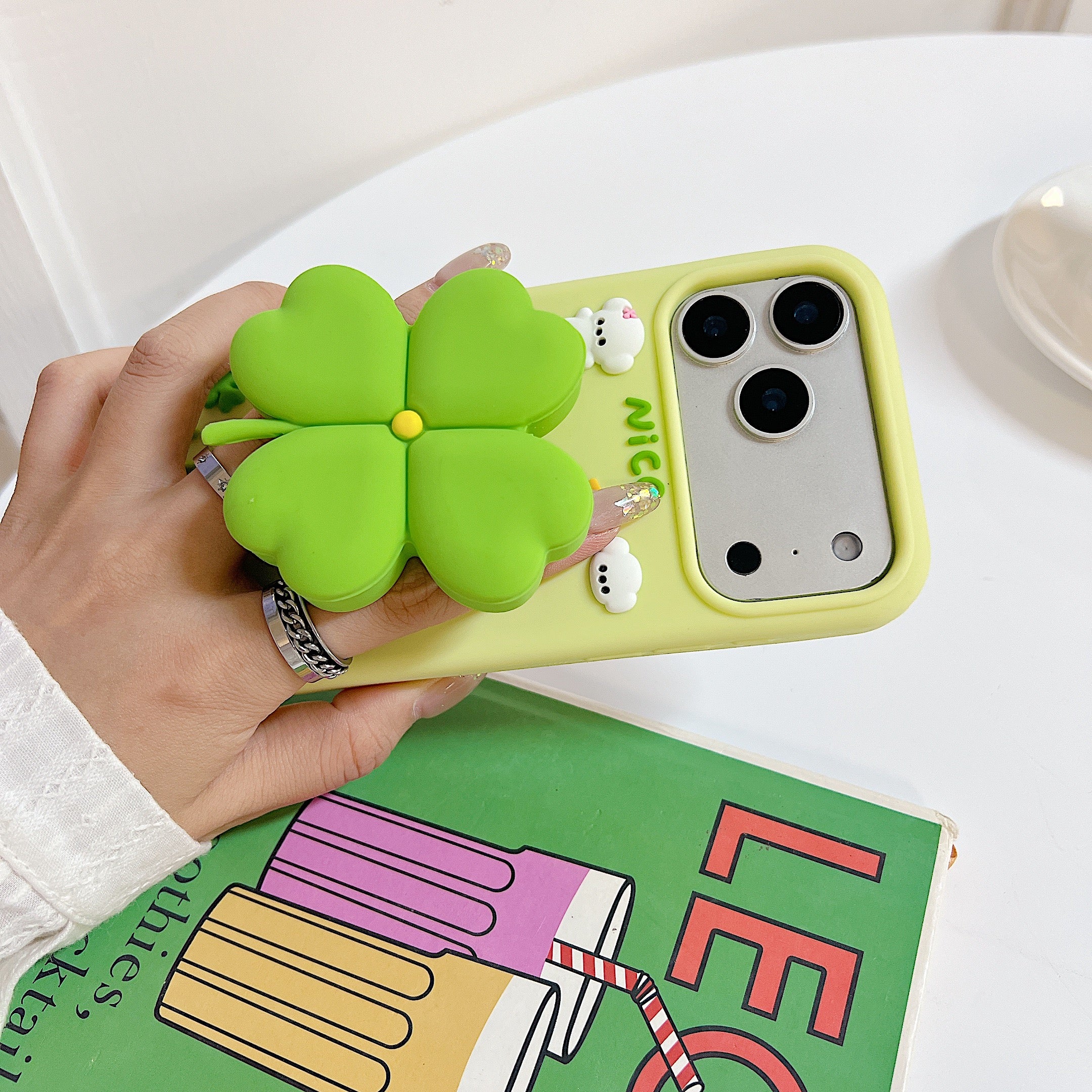 3D Green Clover 'Lucky & Nice' Cute Cartoon Design Silicone Phone Case