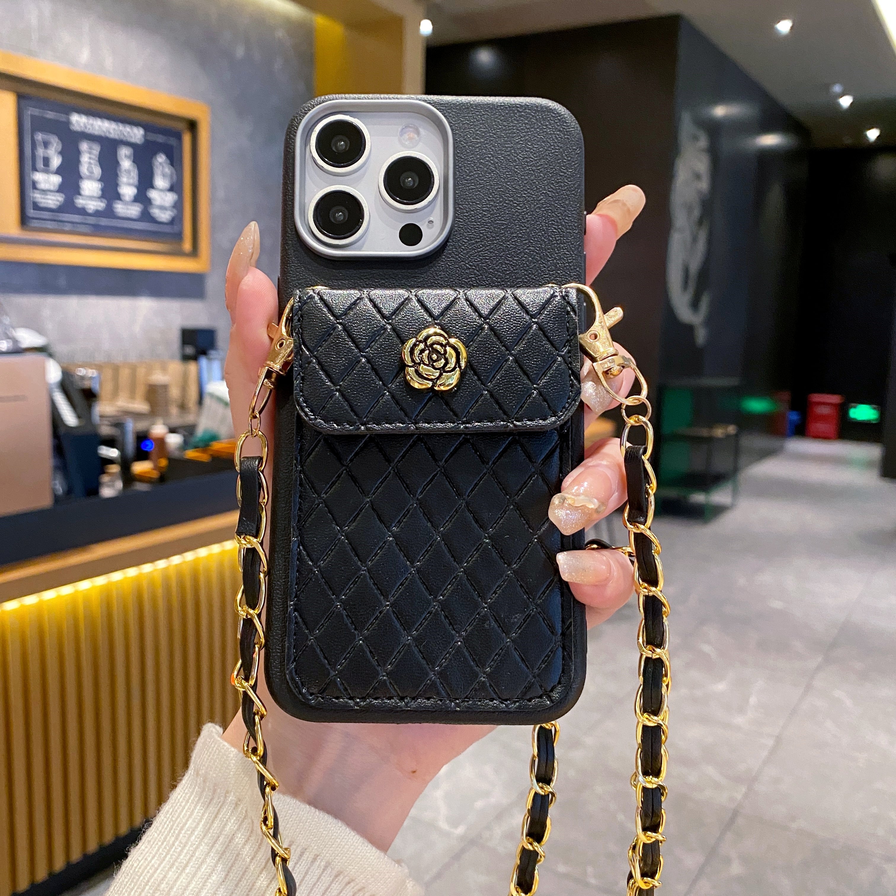 Black Texture Wallet With Golden Chain Silicon Phone Cases For iPhone 11 Pro Max