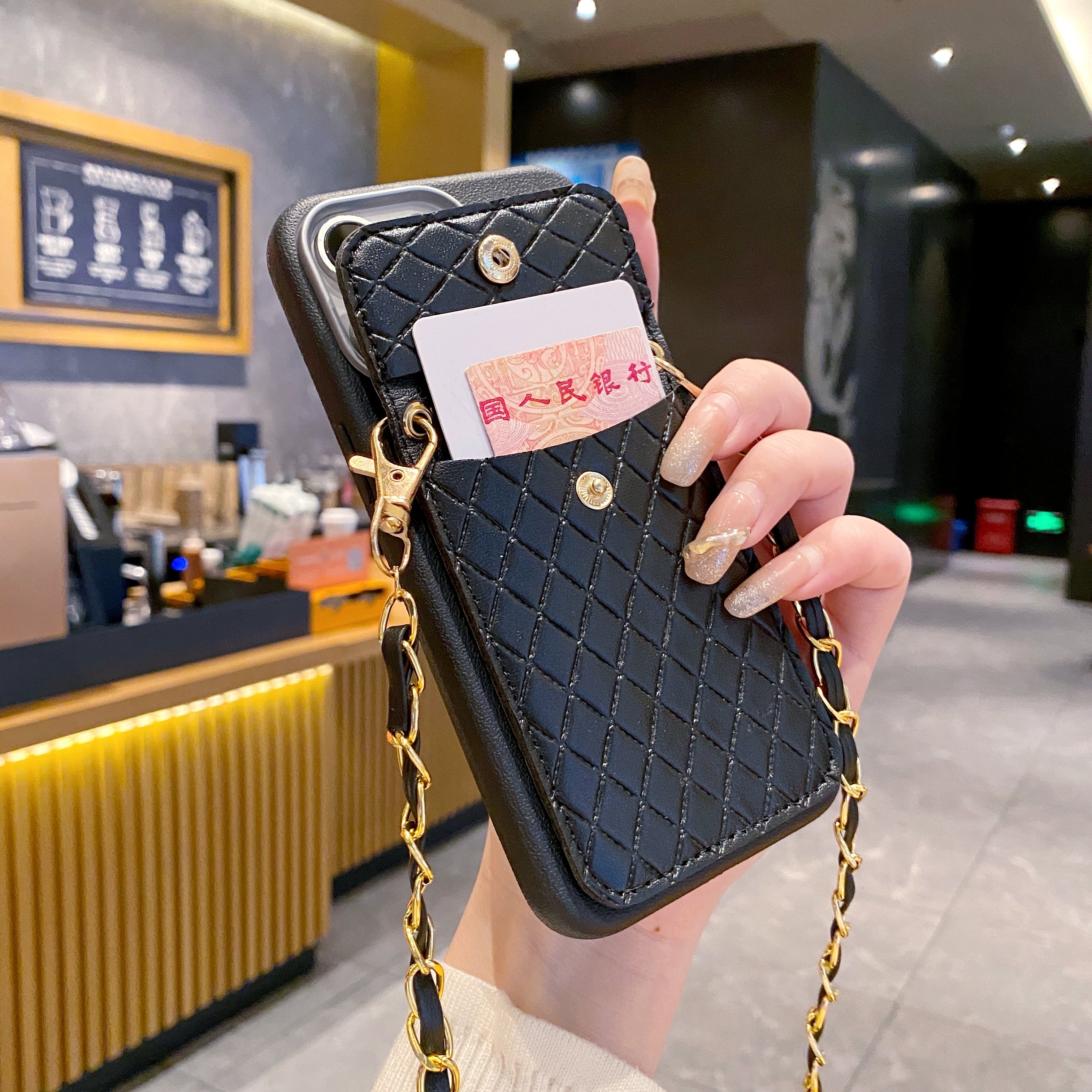 Black Texture Wallet With Golden Chain Silicon Phone Cases