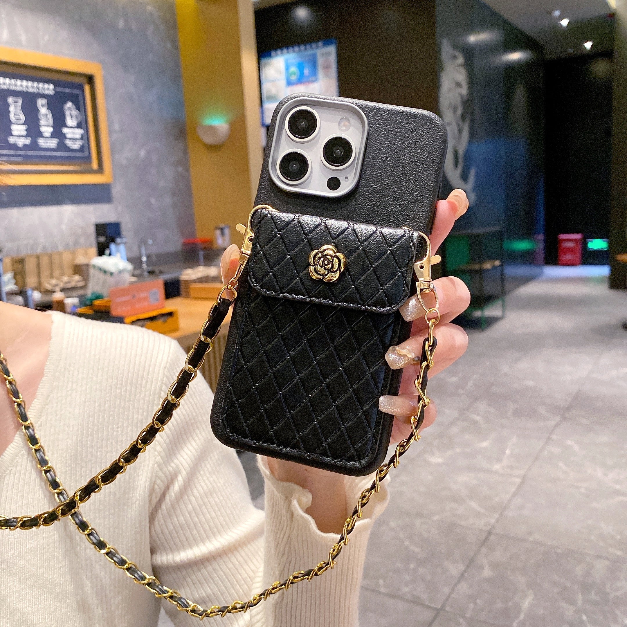 Black Texture Wallet With Golden Chain Silicon Phone Cases