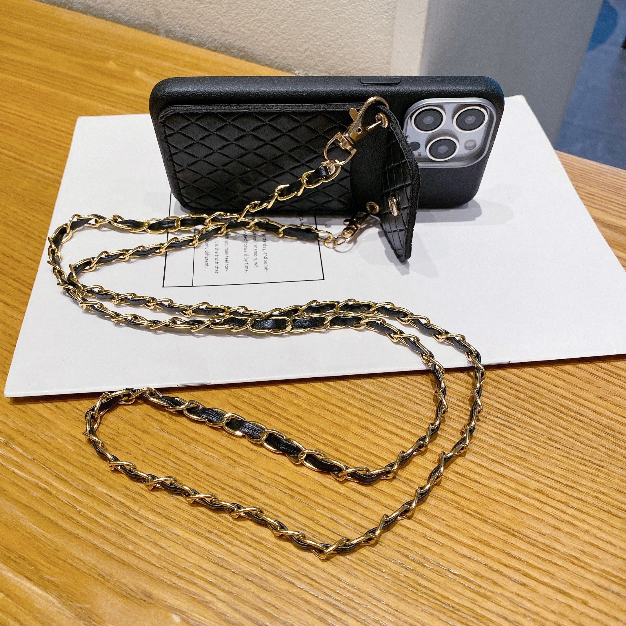 Black Texture Wallet With Golden Chain Silicon Phone Cases