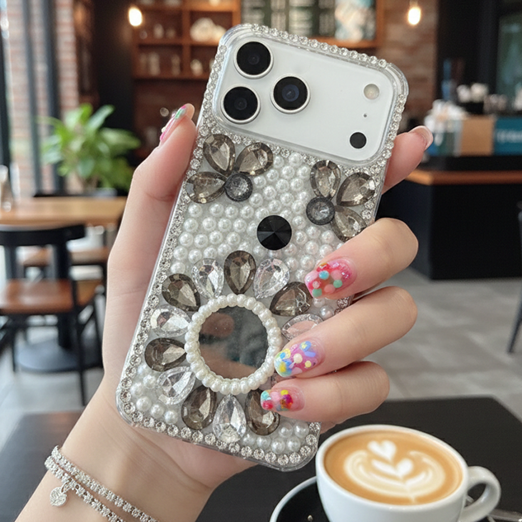 Bloom Mirror Case Luxury Smokey Crystal Flower & Pearl Shield Case