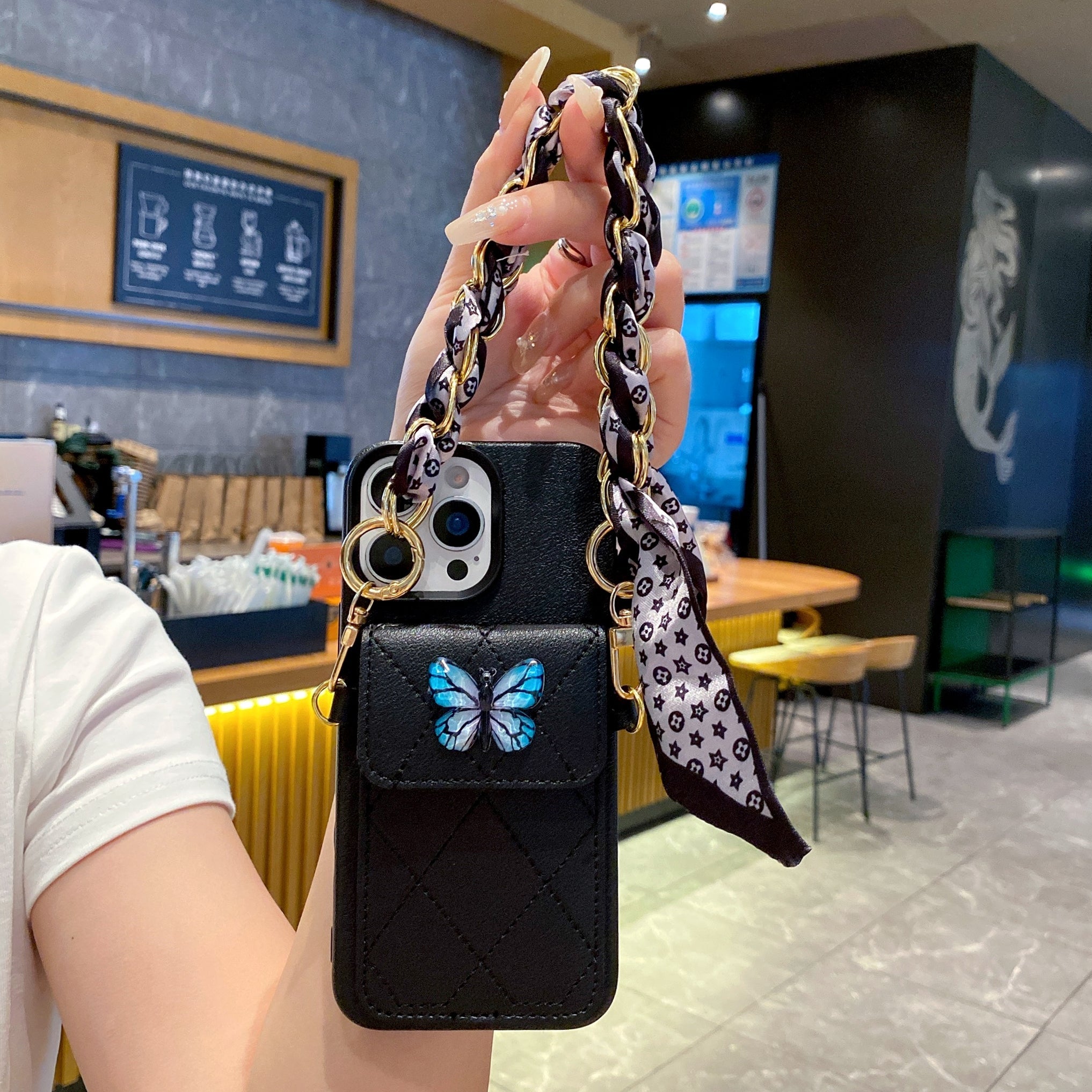 Butterfly Charm Black Leather Wallet Phone Case with Stylish Chain Strap For iPhone 15 Pro Max