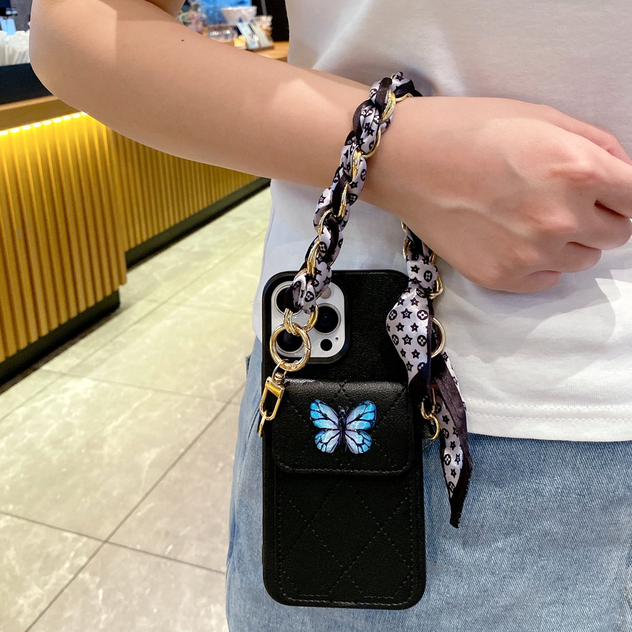 Butterfly Charm Black Leather Wallet Phone Case with Stylish Chain Strap For iPhone 15 Pro Max