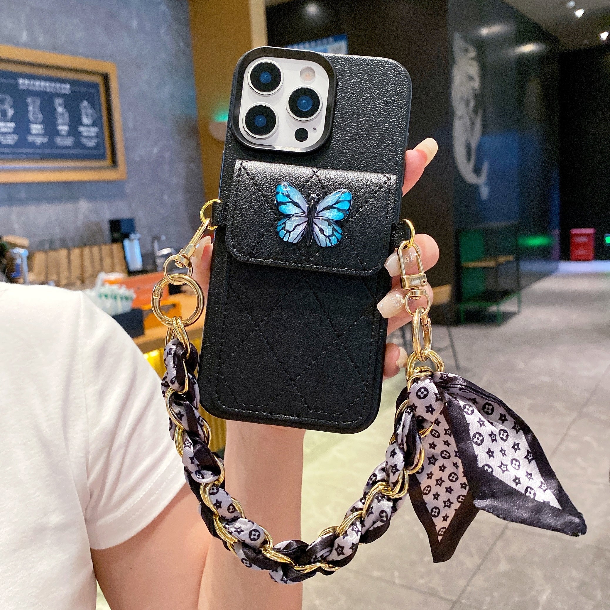 Butterfly Charm Black Leather Wallet Phone Case with Stylish Chain Strap For iPhone 15 Pro Max