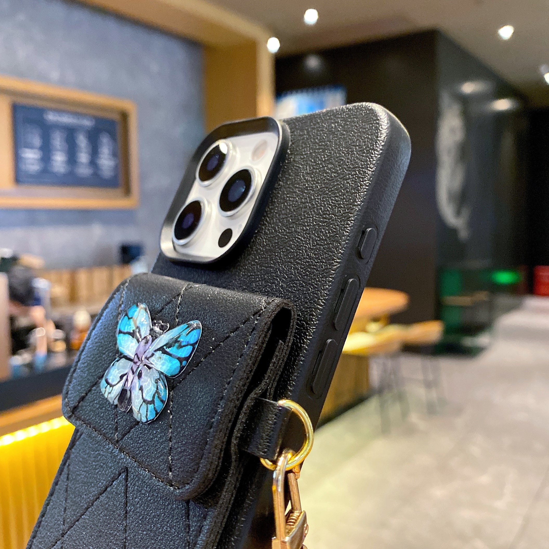 Butterfly Charm Black Leather Wallet Phone Case with Stylish Chain Strap For iPhone 15 Pro Max