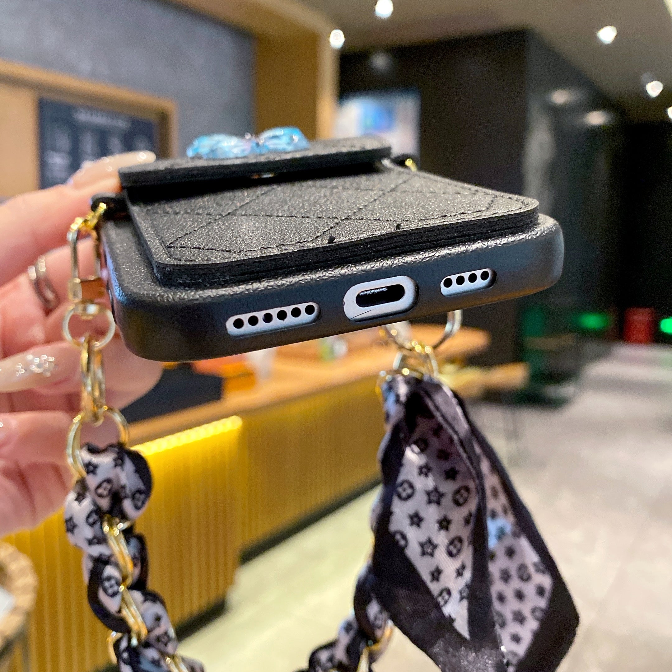 Butterfly Charm Black Leather Wallet Phone Case with Stylish Chain Strap For iPhone 15 Pro Max