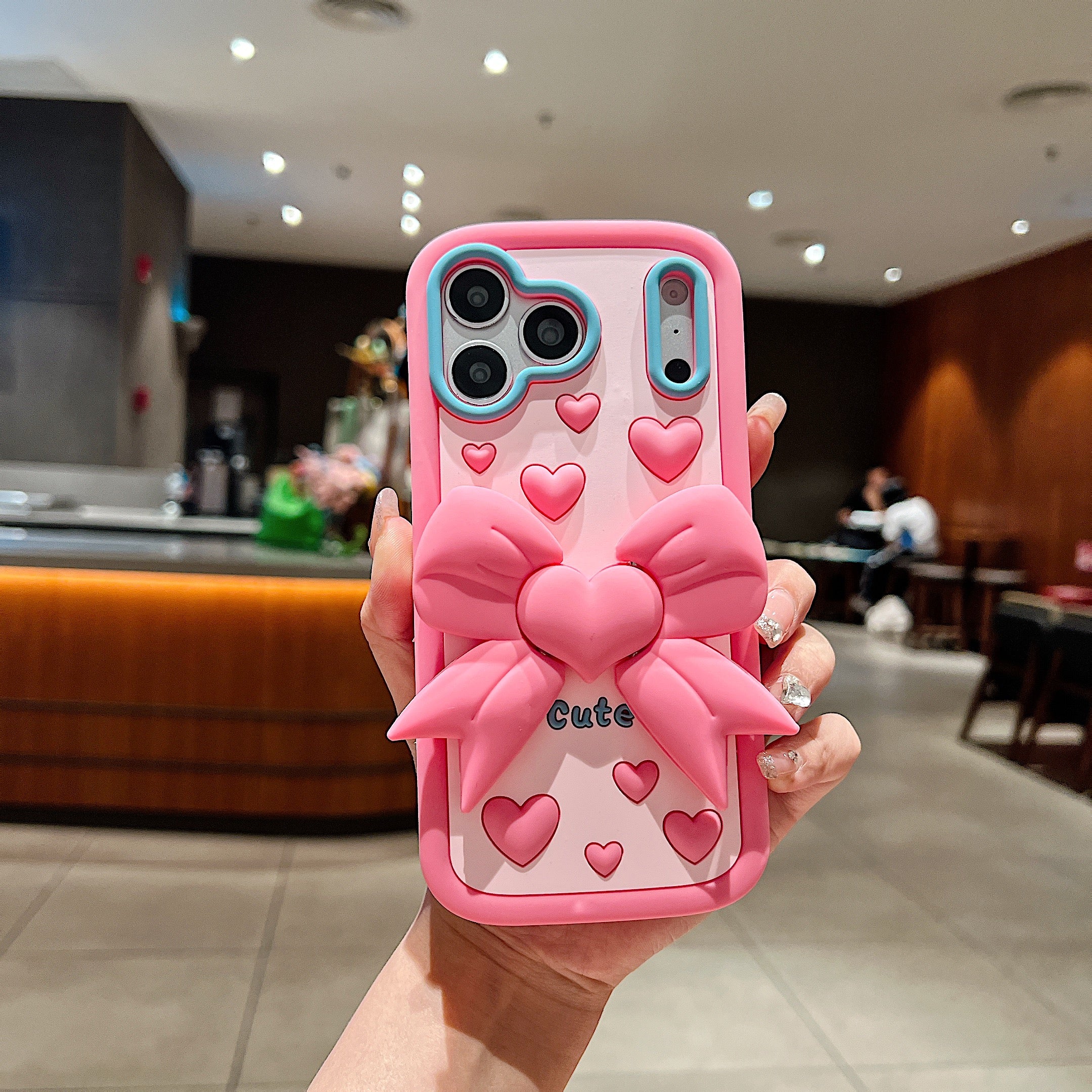 Pink Heart With Bow Stand Silicon Phone Cases For iPhone