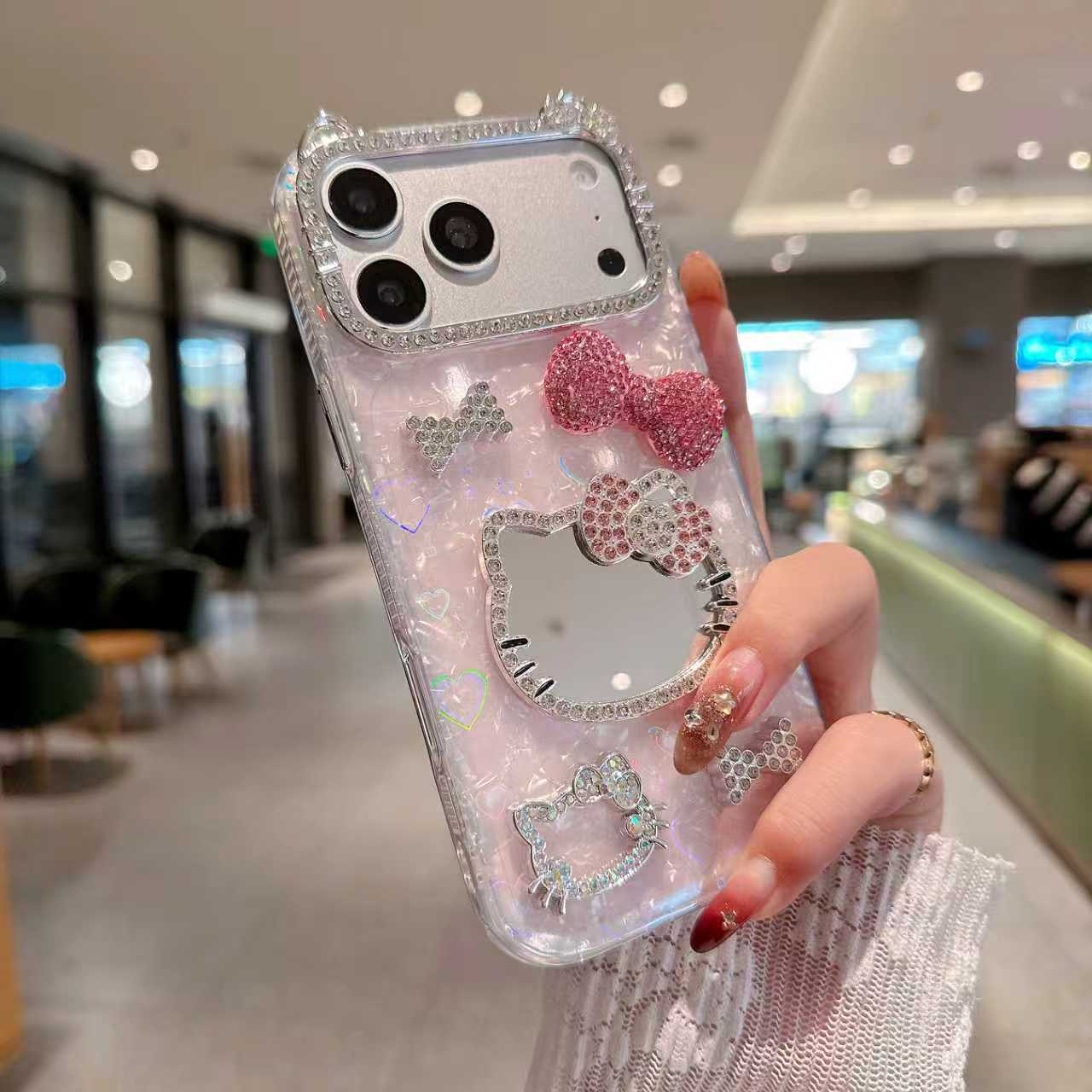 Dreamy Kitty Bow Series Case - Premium Jeweled Mirror Design with Diamond Camera Guard