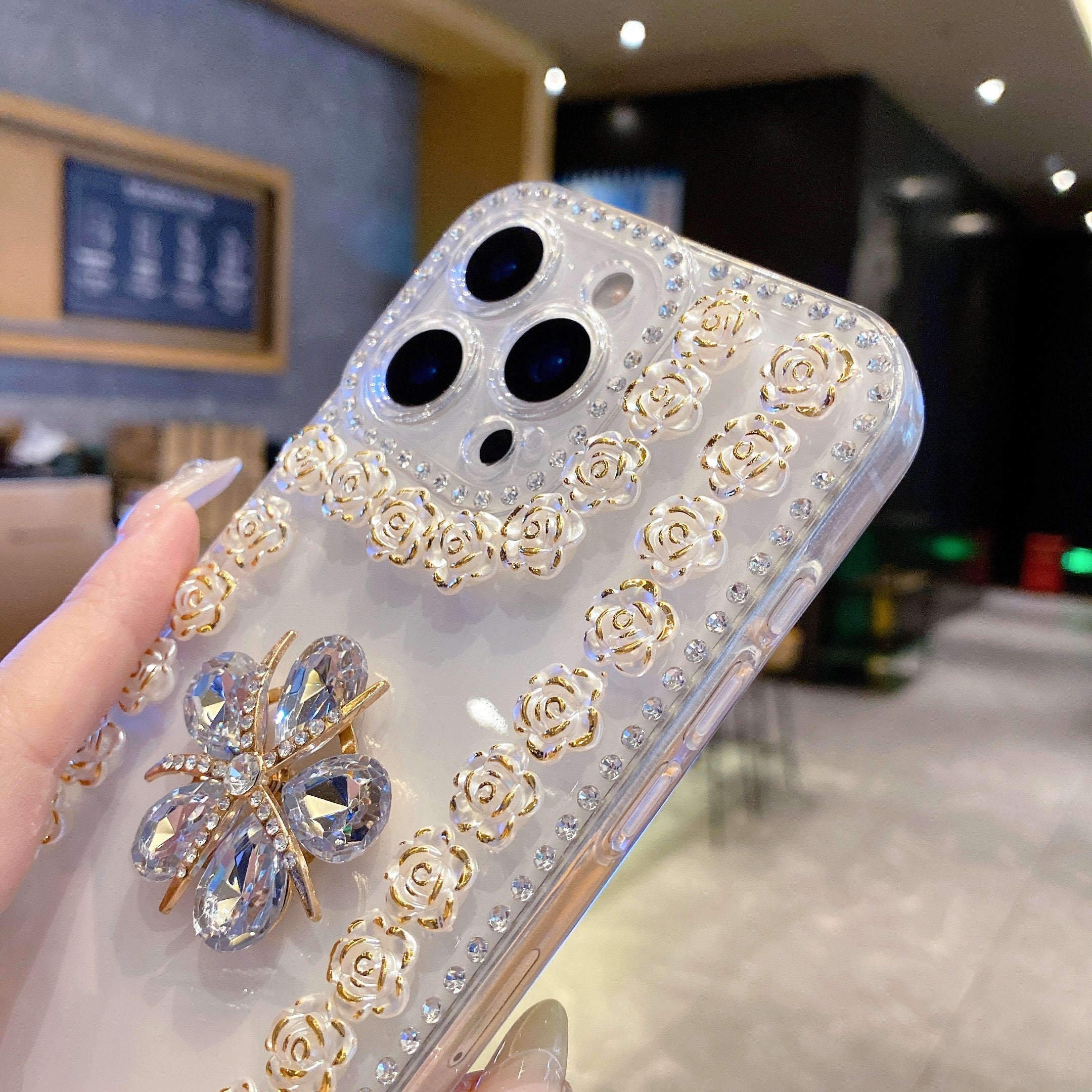 Crystal Flower Bling Case with Rose Border – Elegant 3D Design | Silicon Phone Case For iPhone 15