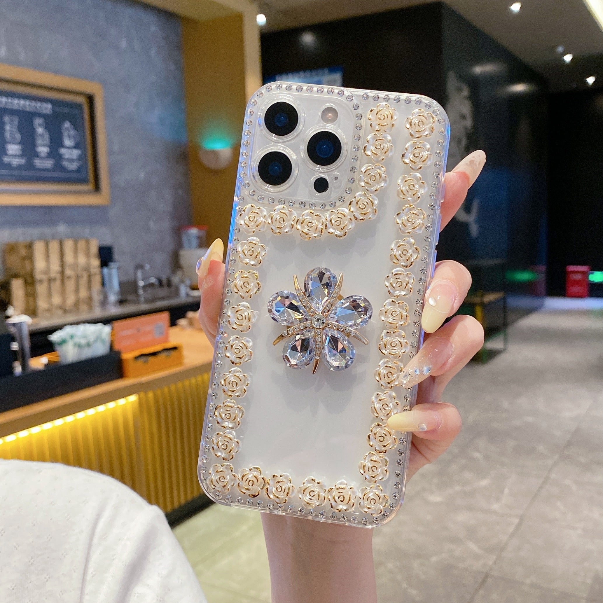 Crystal Flower Bling Case with Rose Border – Elegant 3D Design | Silicon Phone Case For iPhone 15
