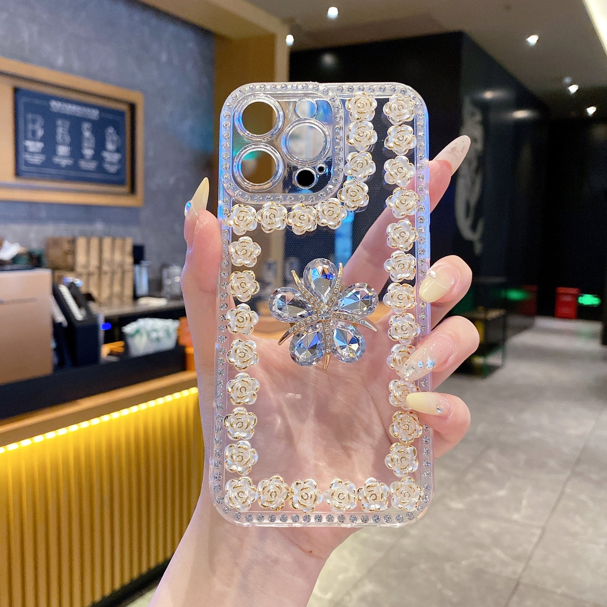 Crystal Flower Bling Case with Rose Border – Elegant 3D Design | Silicon Phone Case For iPhone 15