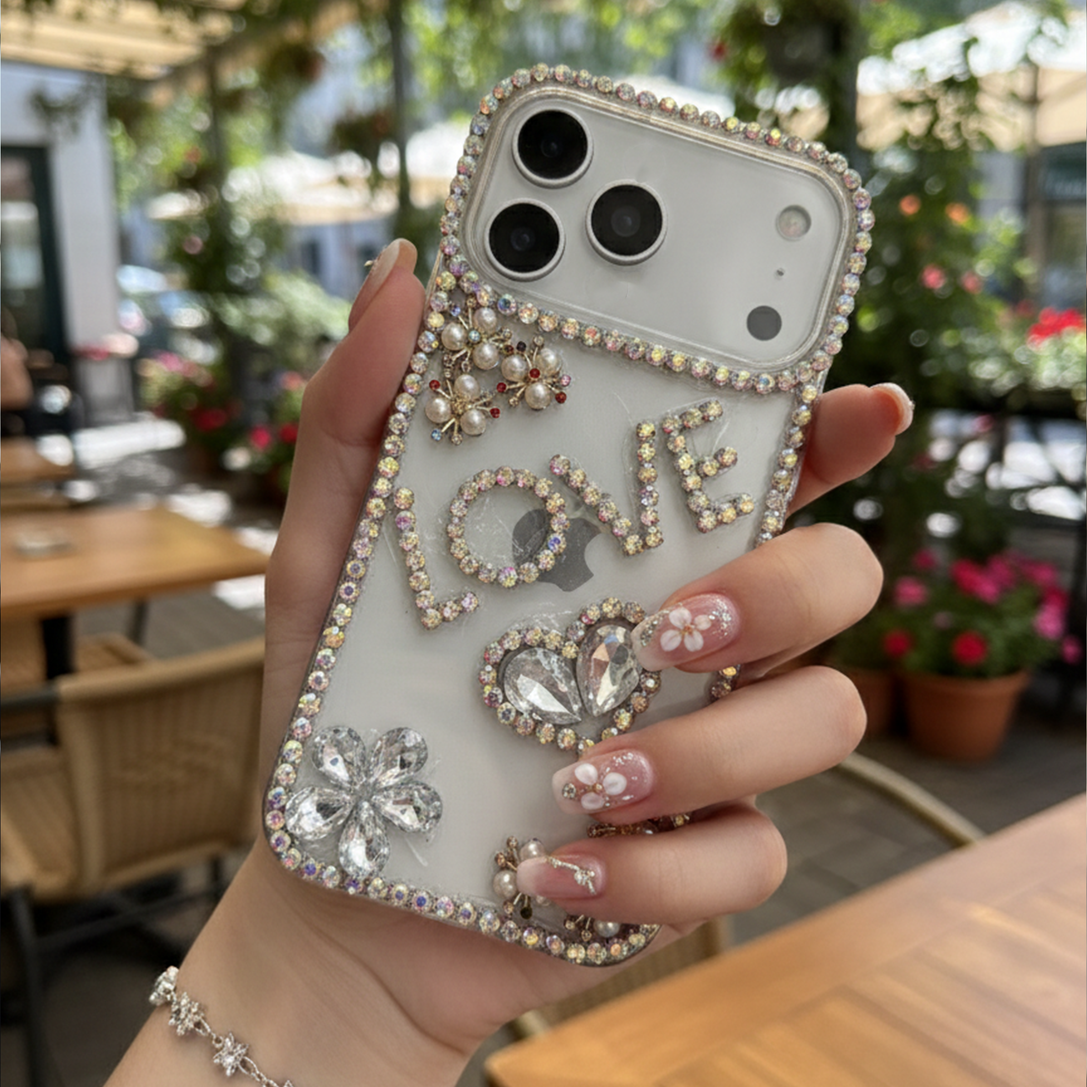 Crystal LOVE Word Art Case — Luxury Silver Rhinestone Heart & Flower Case