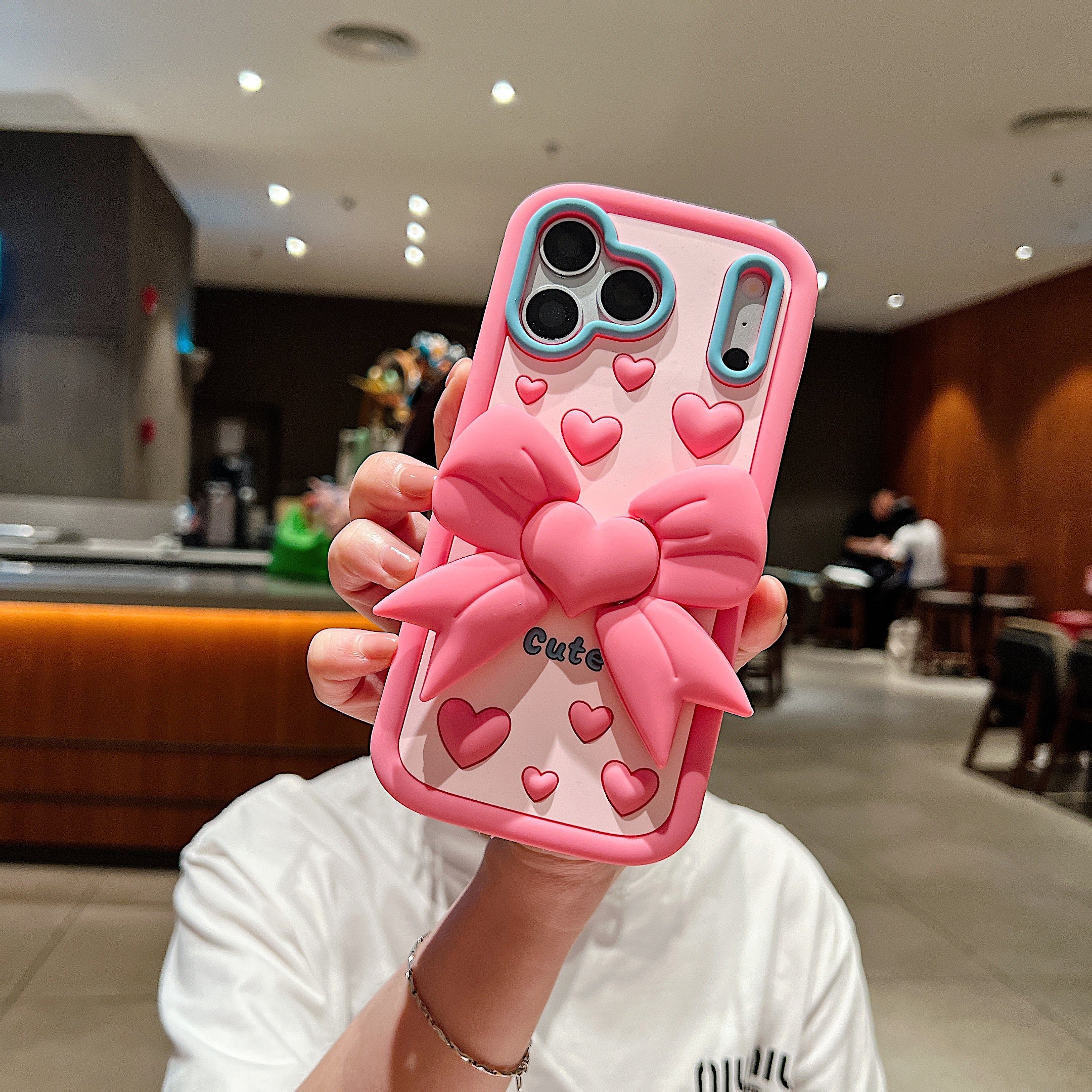 Pink Heart With Bow Stand Silicon Phone Cases For iPhone