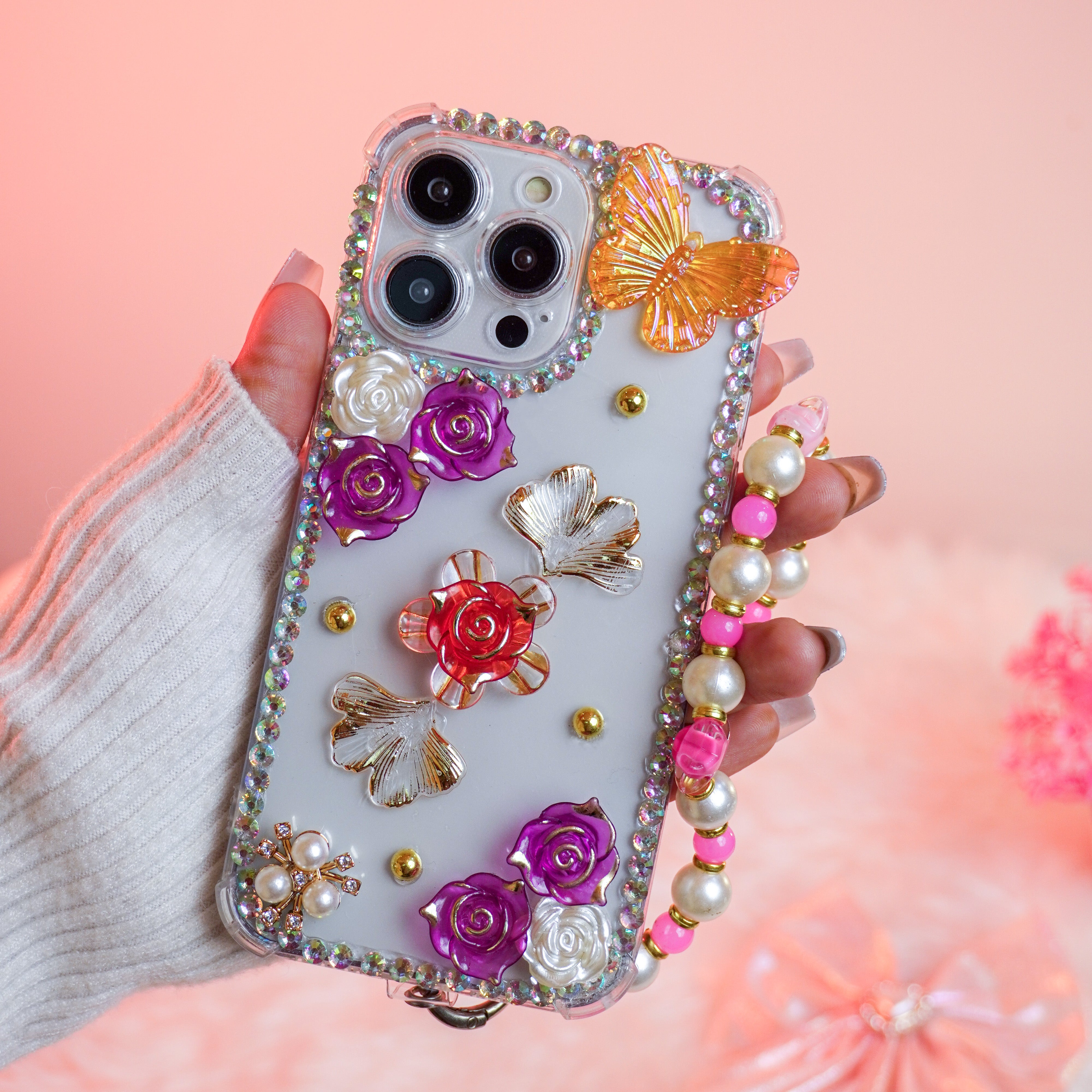 Luxury 3D Floral Butterfly Phone Case with Pearl Strap Silicon Phone Case