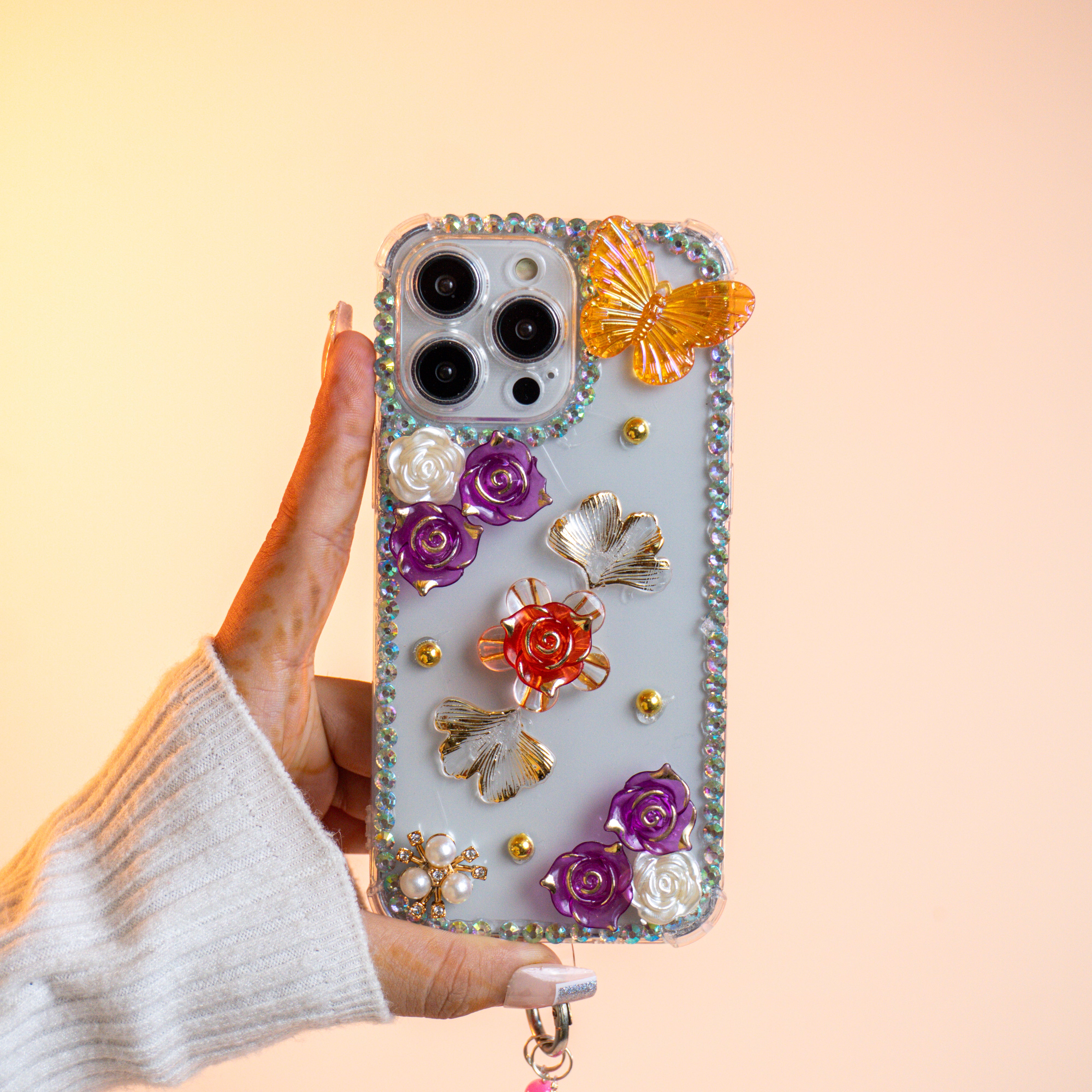 Luxury 3D Floral Butterfly Phone Case with Pearl Strap Silicon Phone Case