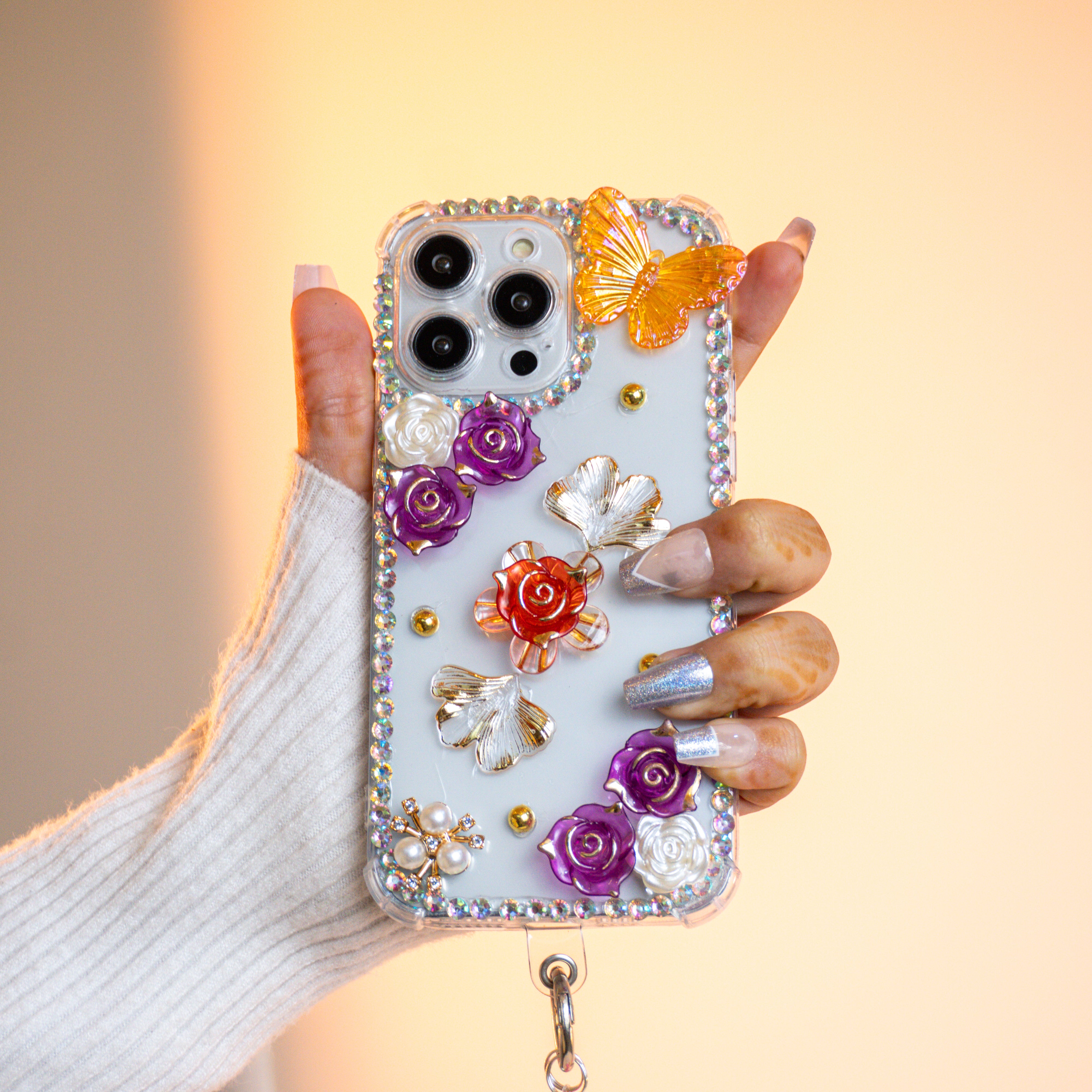 Luxury 3D Floral Butterfly Phone Case with Pearl Strap Silicon Phone Case
