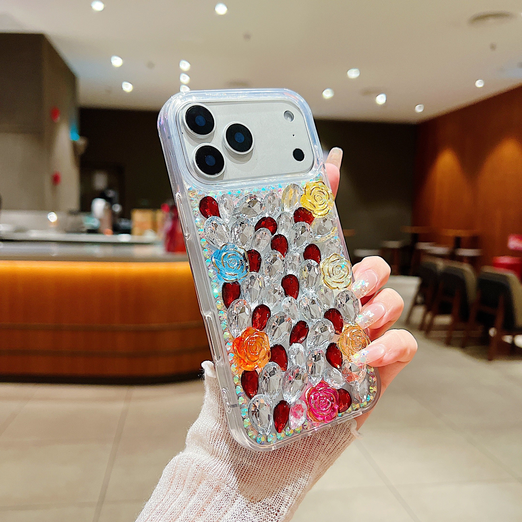 Rainbow Rose Crystal Phone Case – 3D Multicolor Flower & Diamond Gem Case