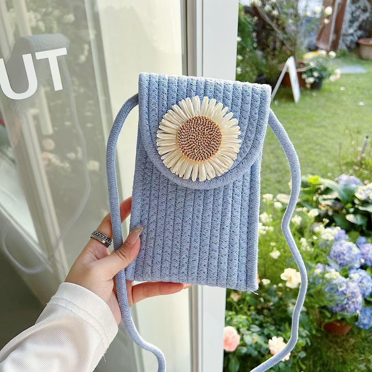 Stylish Flower Jute Sling Bag Silicon Phone Cases For iPhone 16 Plus