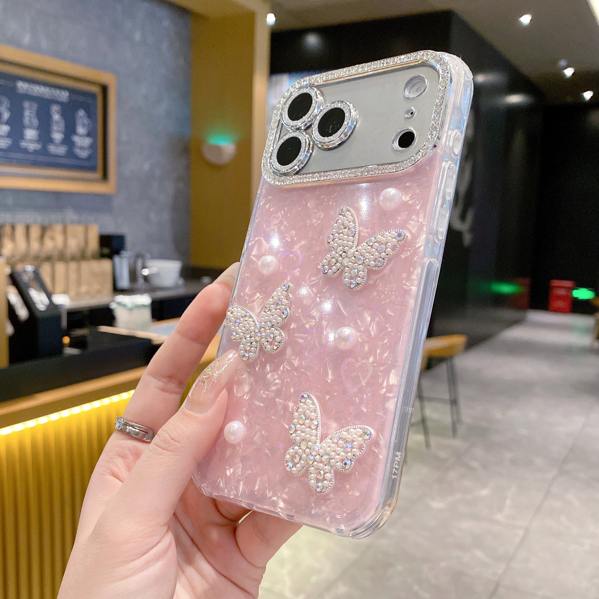 Butterfly & Pearl Crush Phone Case - Luxury 3D Crystal Butterfly Shimmer Cover