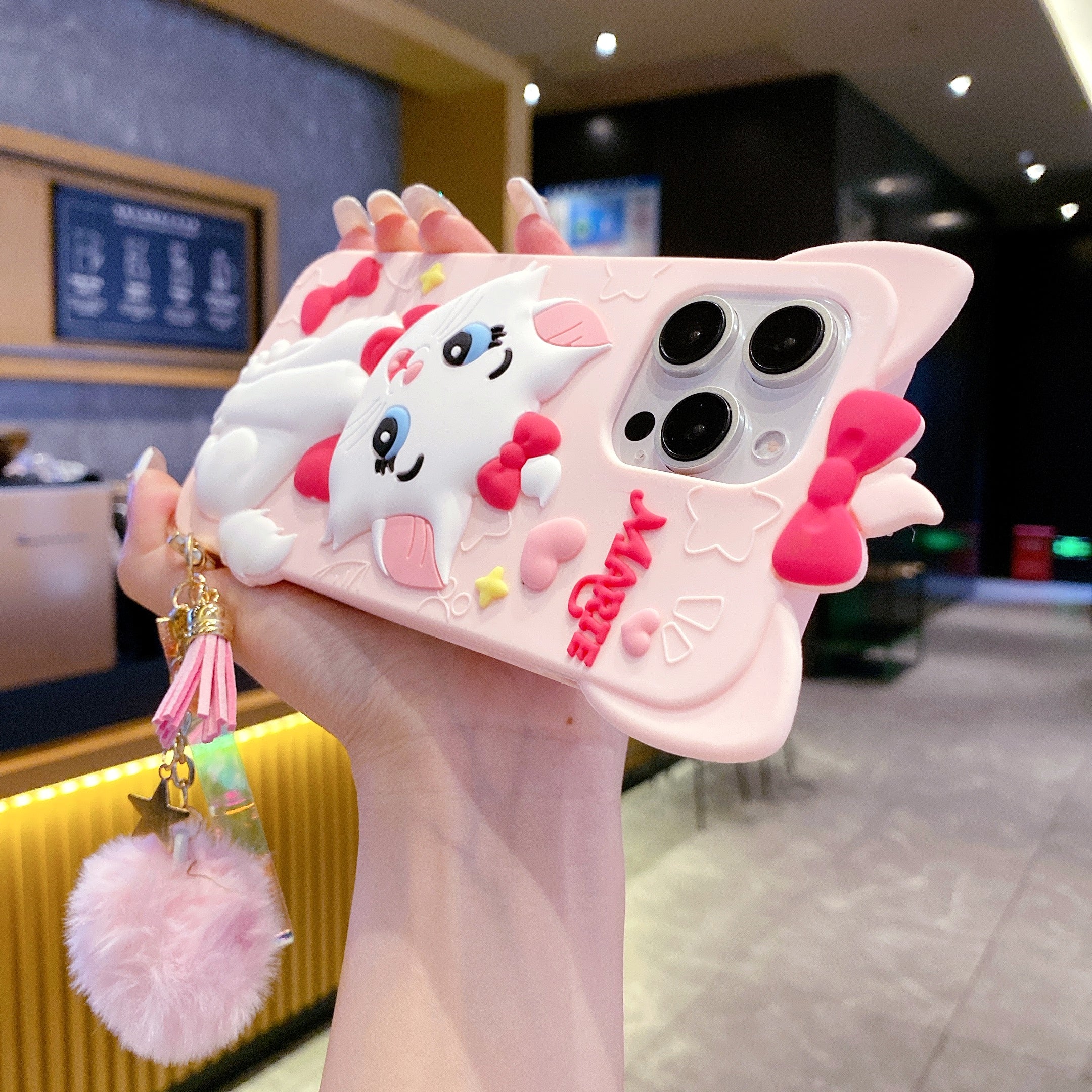 Disney Marie Cat With Fur Charm Silicon Phone Cases