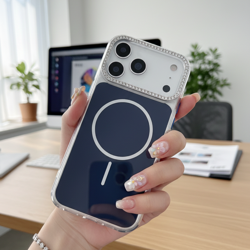 Luxury Blue Rhinestone MagSafe Case - Premium Silver Crystal Camera Protector & Magnetic Phone Shield Case