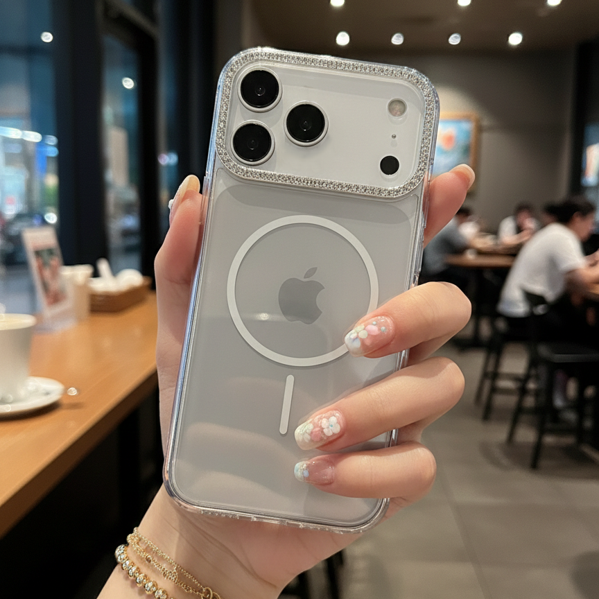 Luxury Crystal MagSafe Case - Premium Silver Rhinestone Camera Protector & Magnetic Phone Shield Case