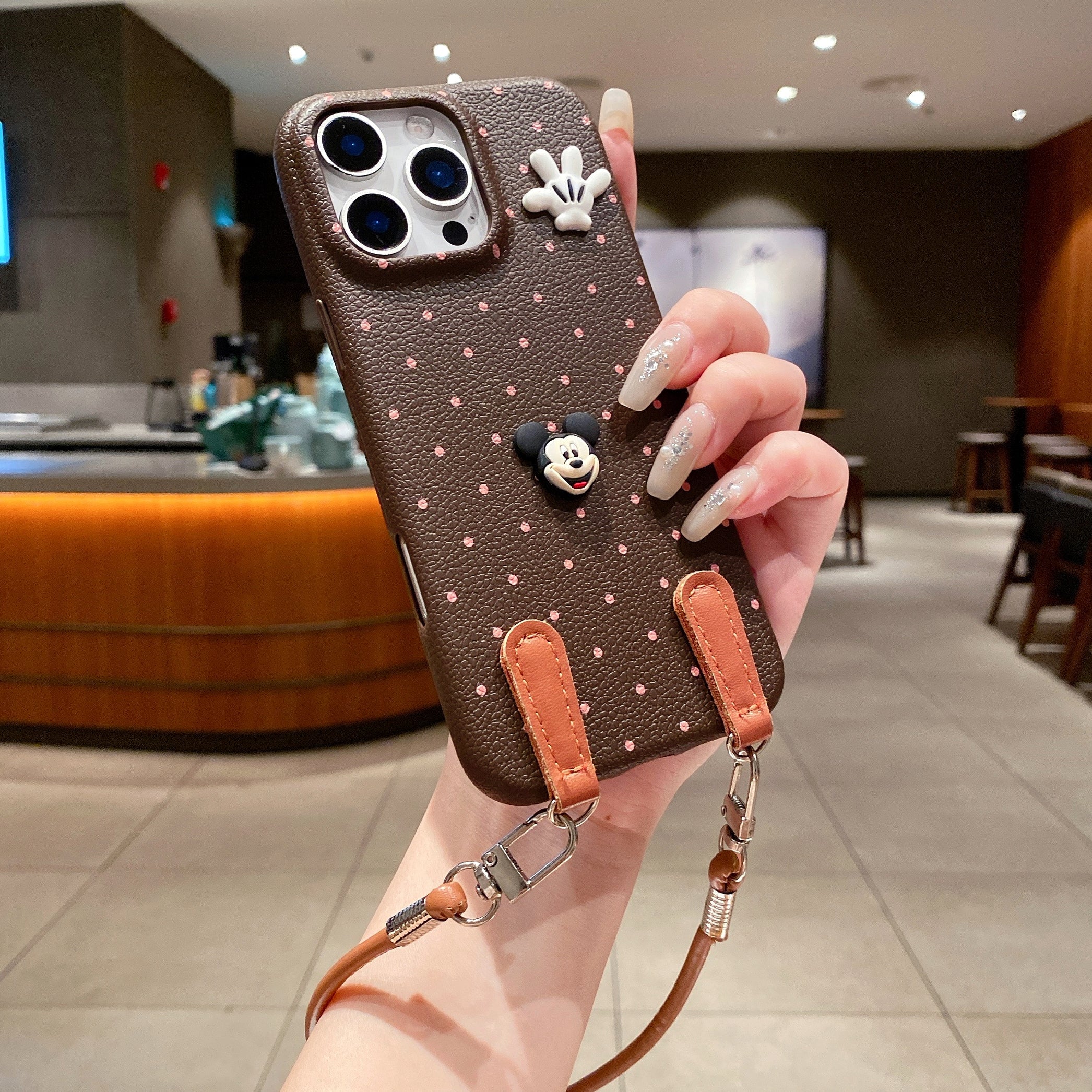 Mickey Mouse Polka Dot Leather Strap Phone Case For iPhone 17 Pro Max