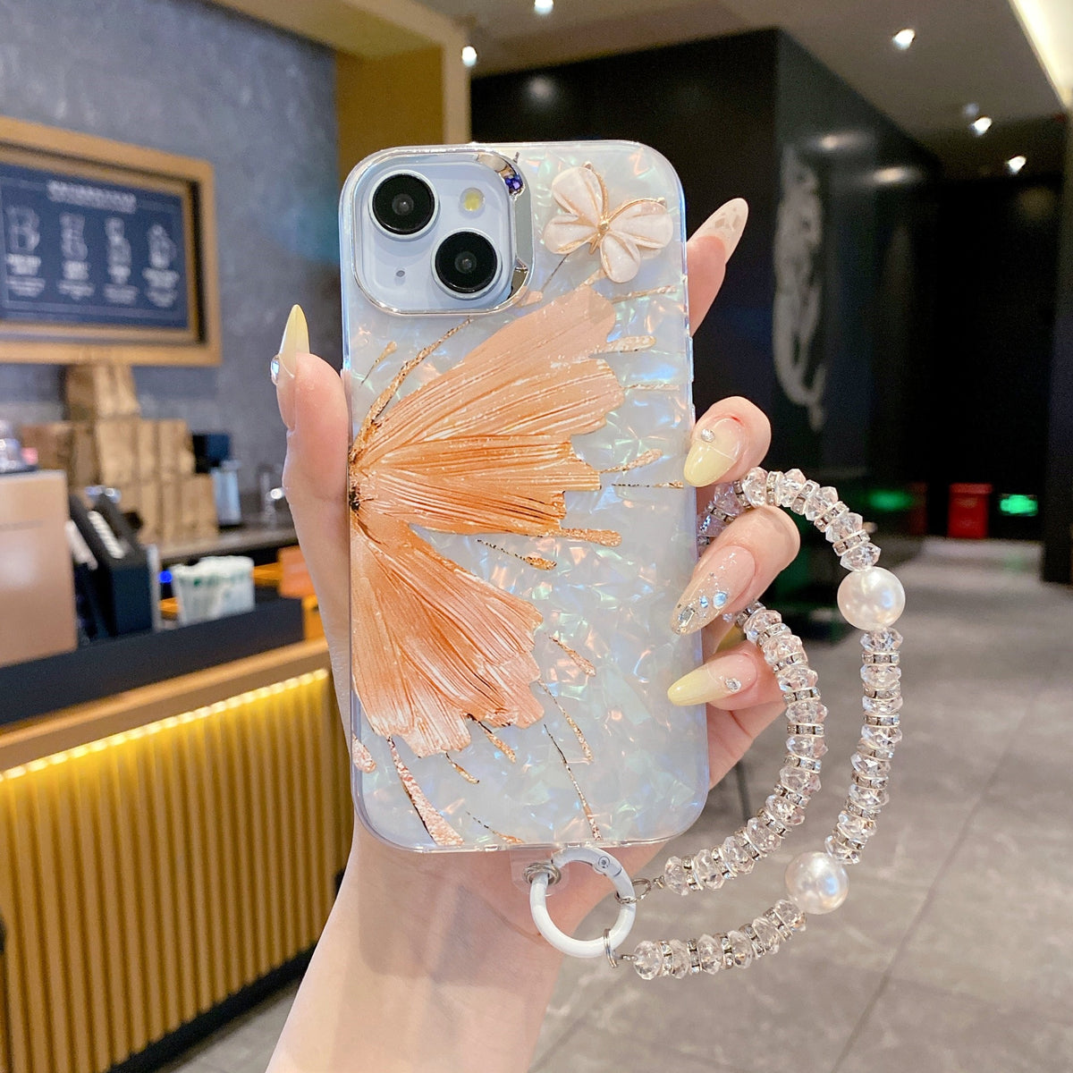 Orange Butterfly With Steel Camera Protection With Bracelet For iPhone 16 Pro