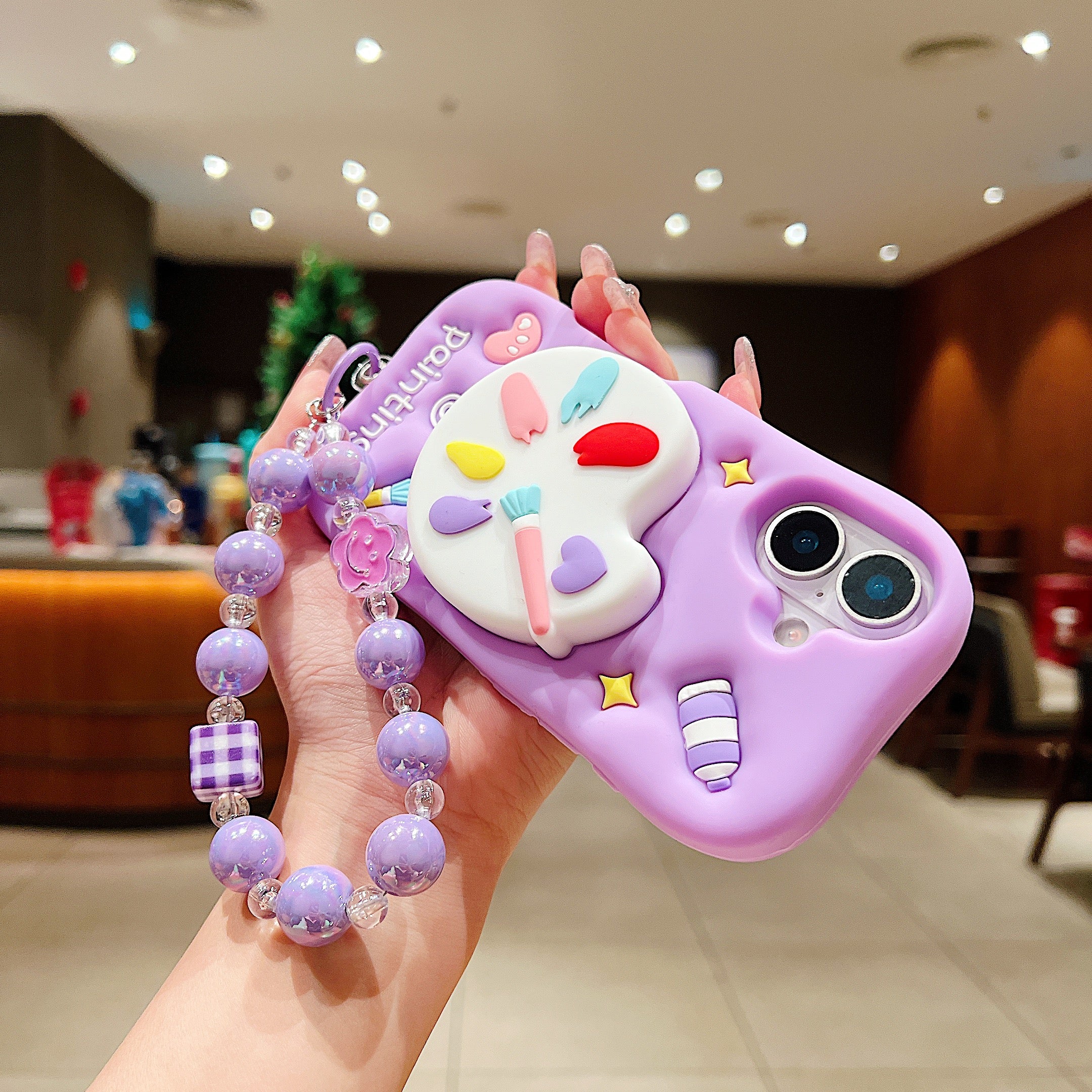 Purple Artist Palette 3D Phone Case - Kawaii Painting Theme Case With Beaded Charm