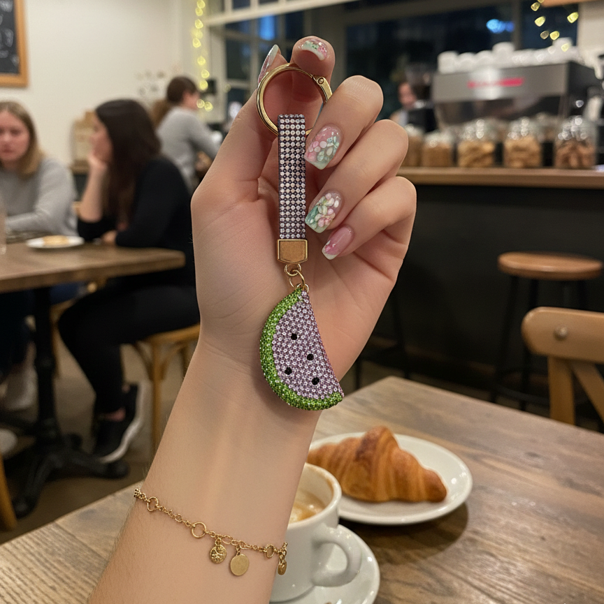 Purple & Green Crystal Watermelon Phone Charm - Luxury Bling Keychain for Backpacks & Purses