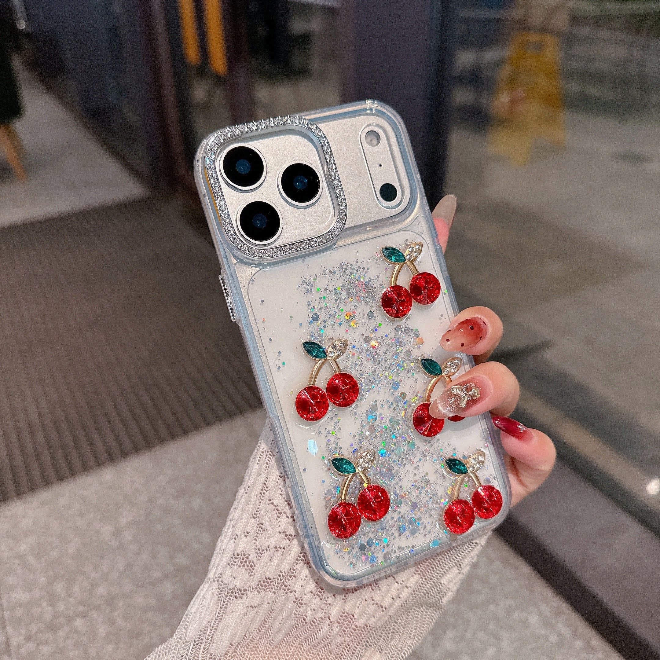 Red Cherry Crystal Phone Case - Luxury Glitter Liquid & Diamond Camera Lens Case For iPhone 16 pro