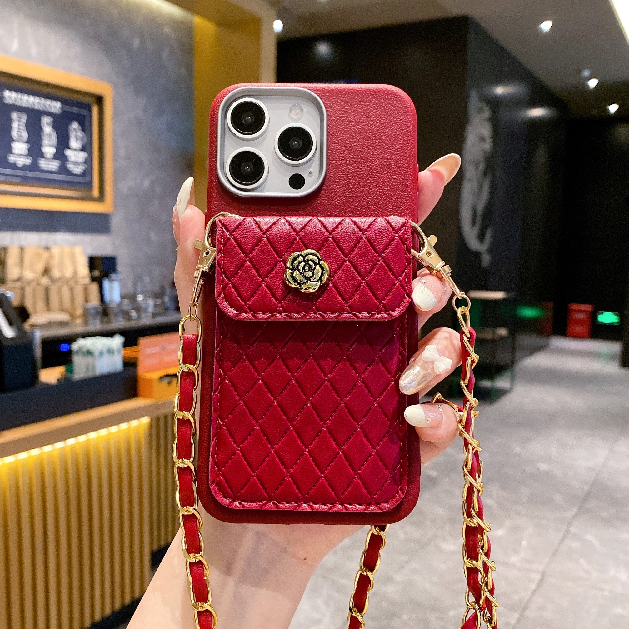 Red Texture Wallet With Golden Chain Silicon Phone Cases For iPhone 16 Plus