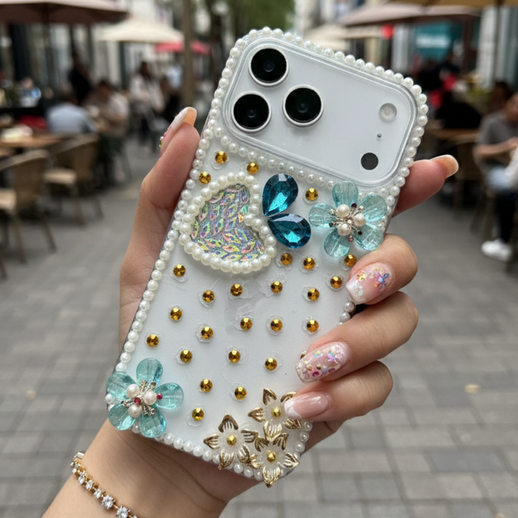 Royal Pearl Bling Case - Premium Blue Crystal Heart Aesthetic Shield with Diamond Camera Guard Case For iPhone 16 pro