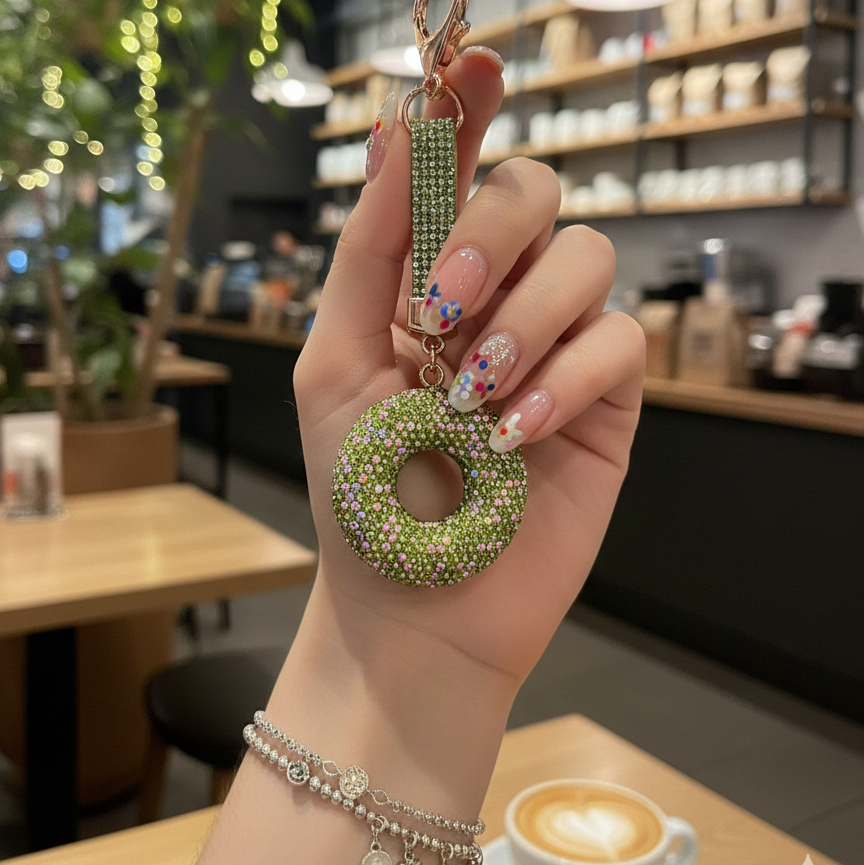 Sage Green Crystal Donut Phone Charm - Luxury Bling Keychain for Backpacks & Purses