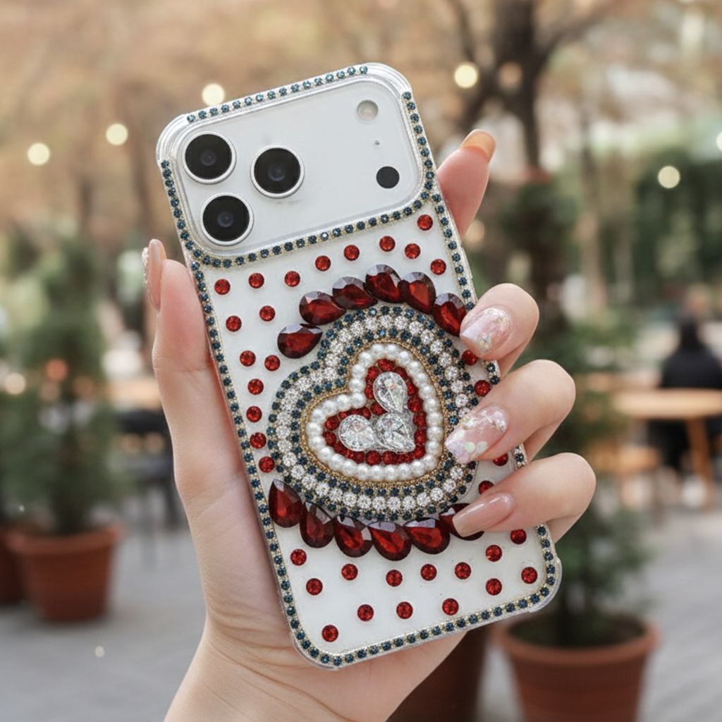 Scarlet Gemstone Full Heart Frame & Crystal Shield Case For iPhone 16 pro