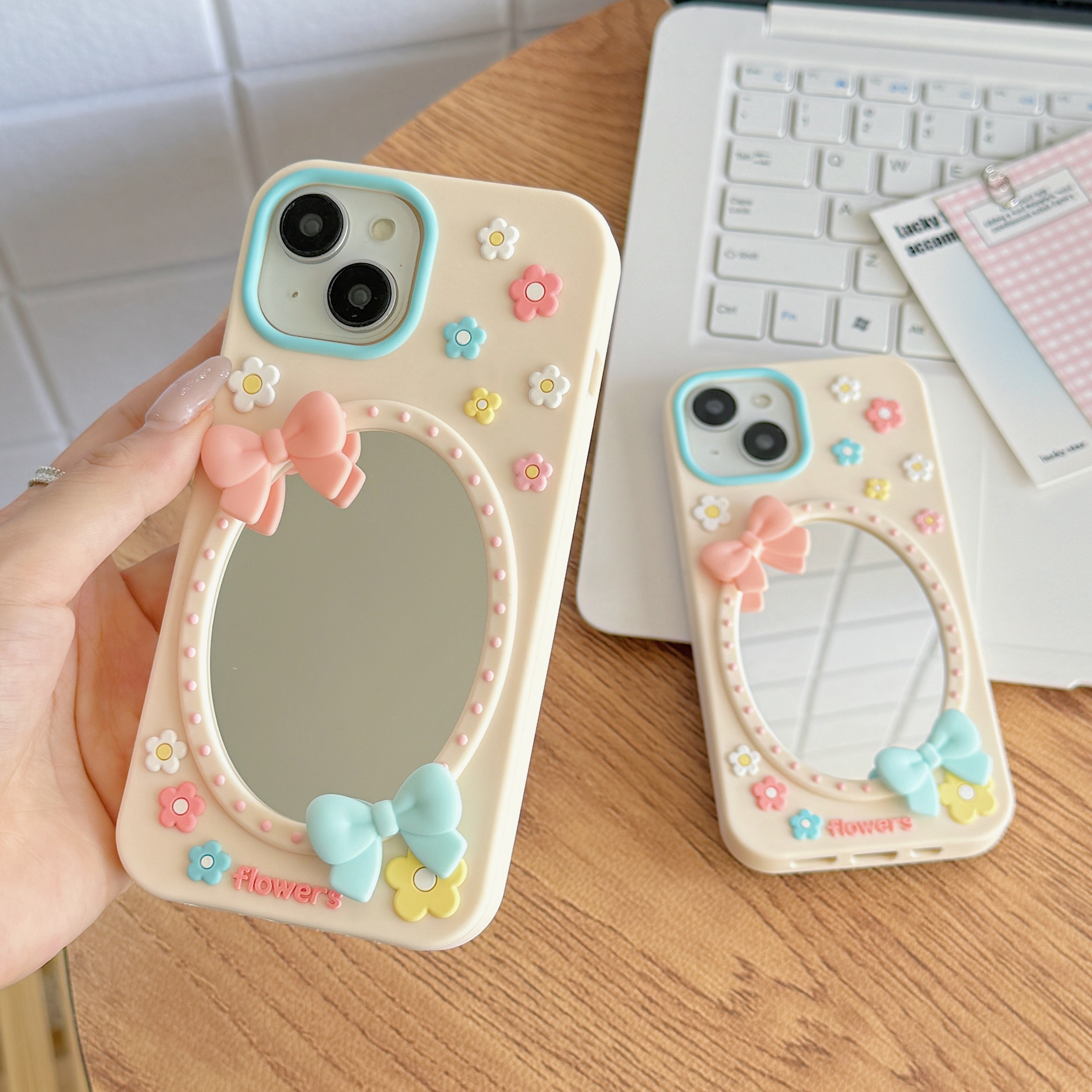 Soft Girl Aesthetic Mirror With Luxury Flower & Bow Phone Case
