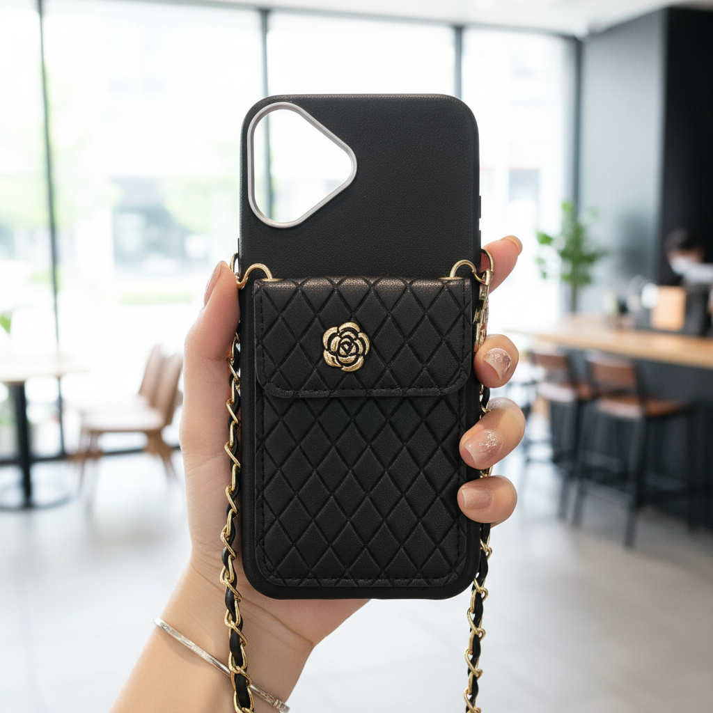 Black Texture Wallet With Golden Chain Silicon Phone Cases