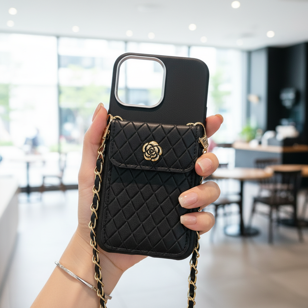 Black Texture Wallet With Golden Chain Silicon Phone Cases